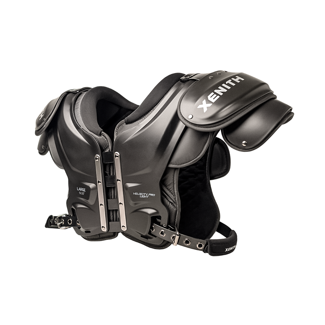 Black Velocity Pro Light shoulder pads from front angle.