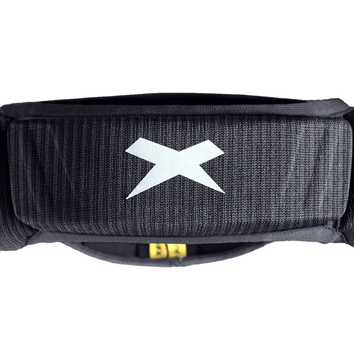 Black Xenith loop non-tackle headgear from front, zoomed in.