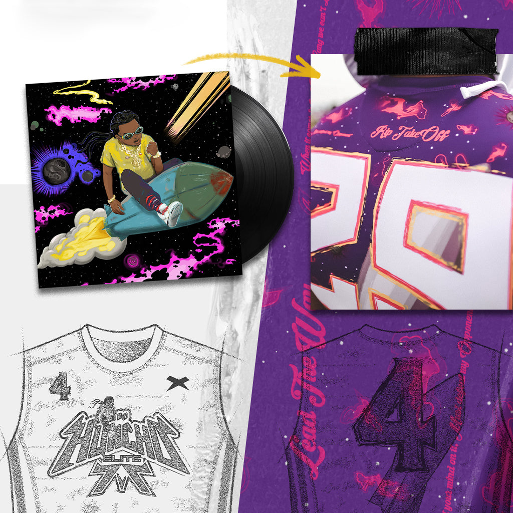 TakeOff's Last Rocket album with an arrow pointing to a close up photo of the custom uniform.