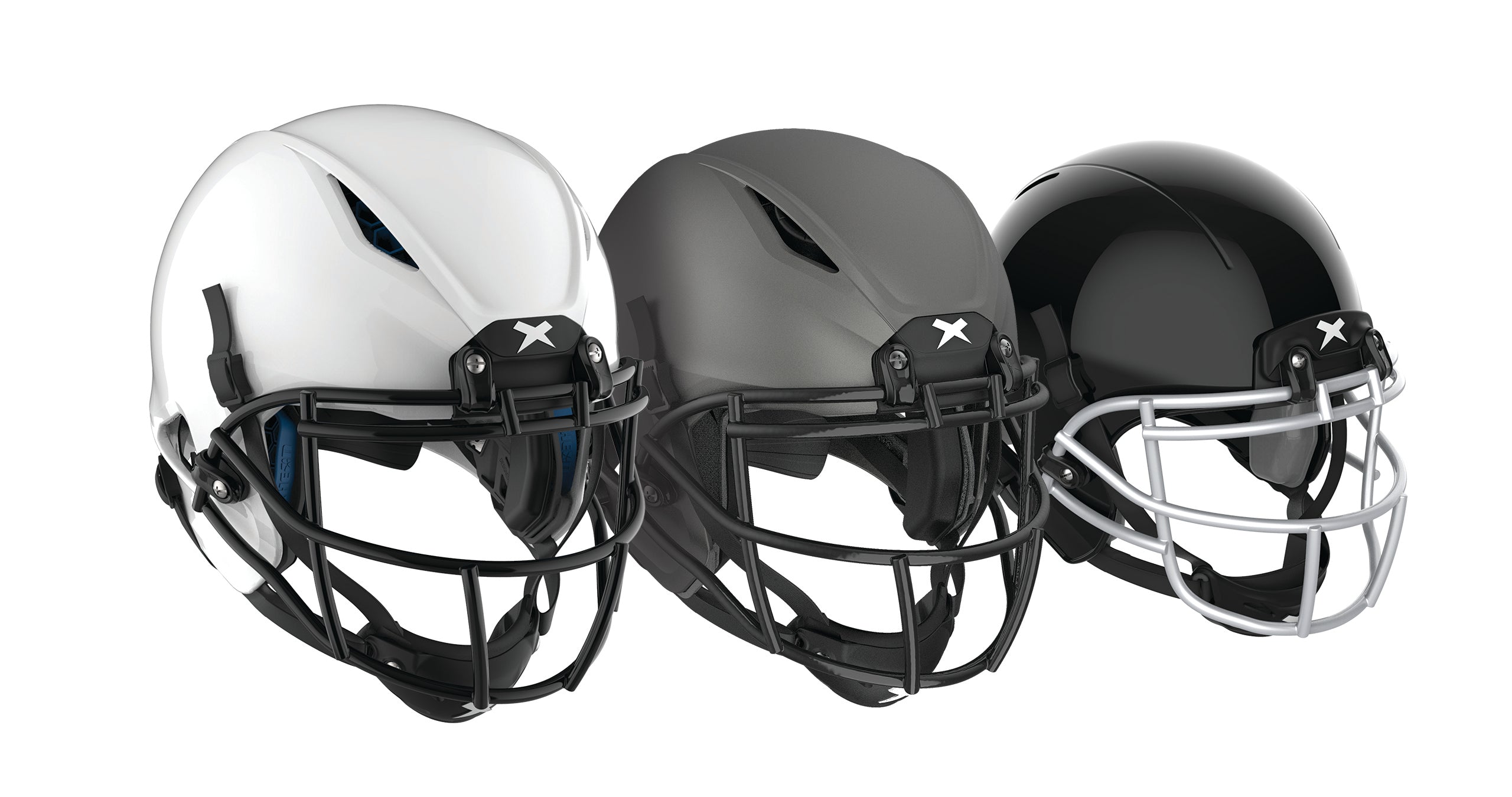 Lineup of three Xenith varsity helmets—one in white, one in gray, and one in black.