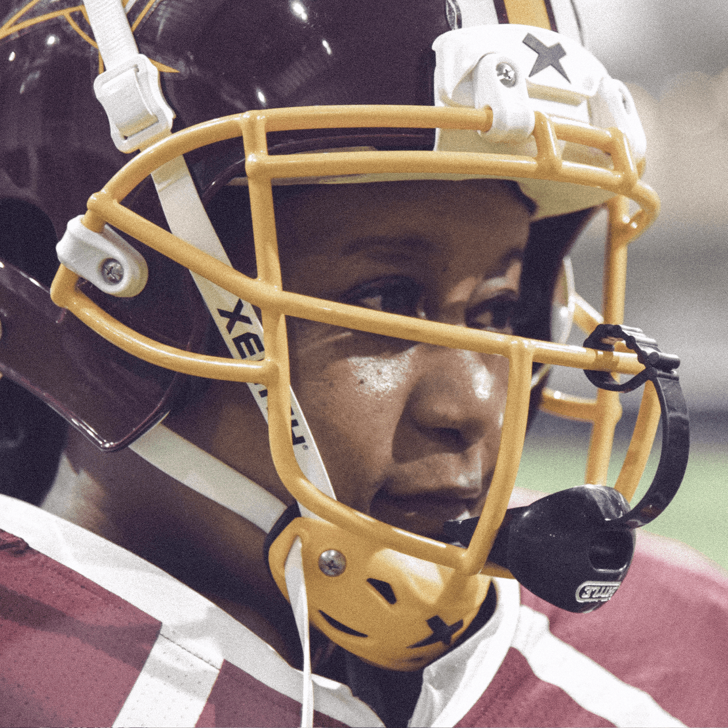 Close up of woman wearing a Xenith football helmet.