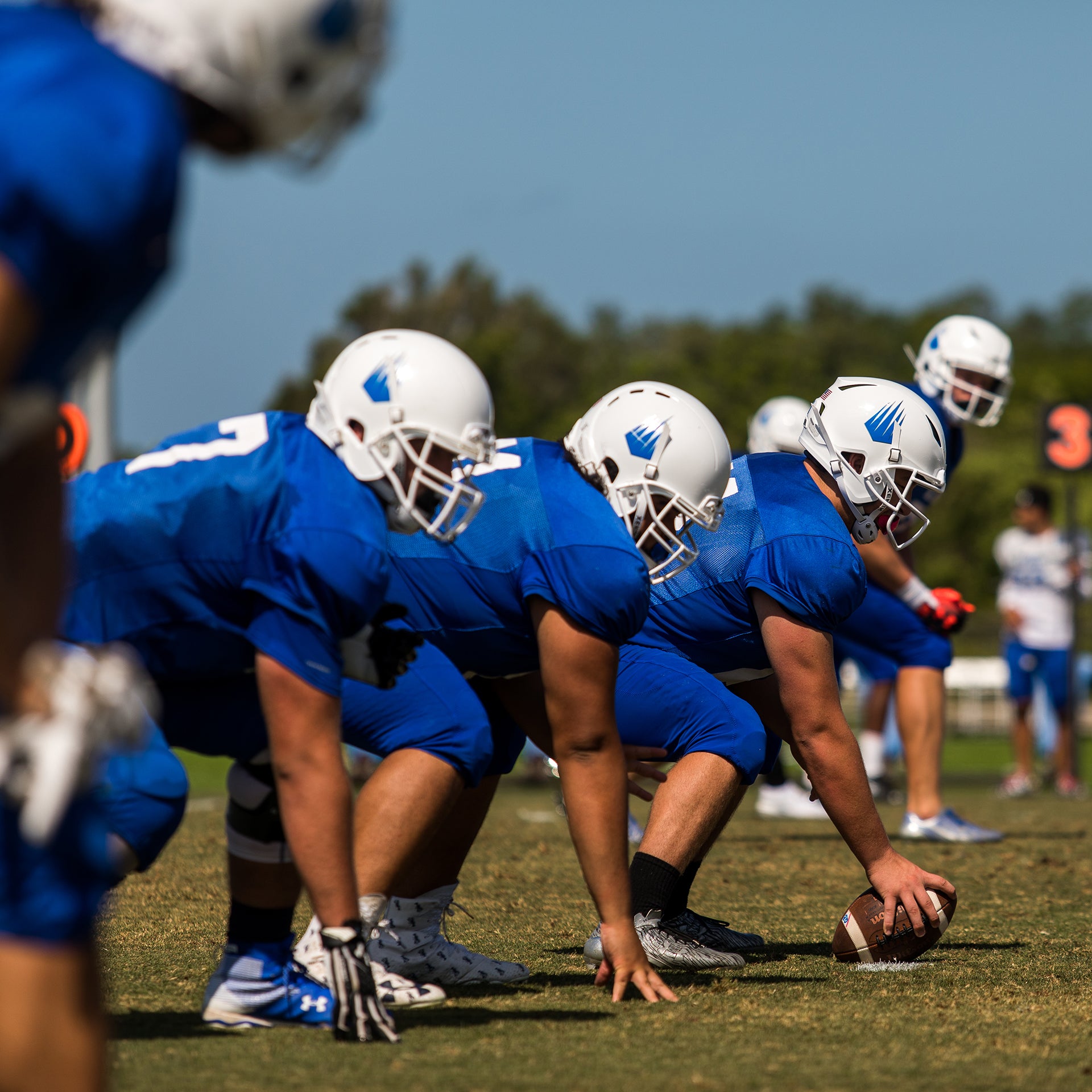 Offensive linemen lineup on the ball before the snap.