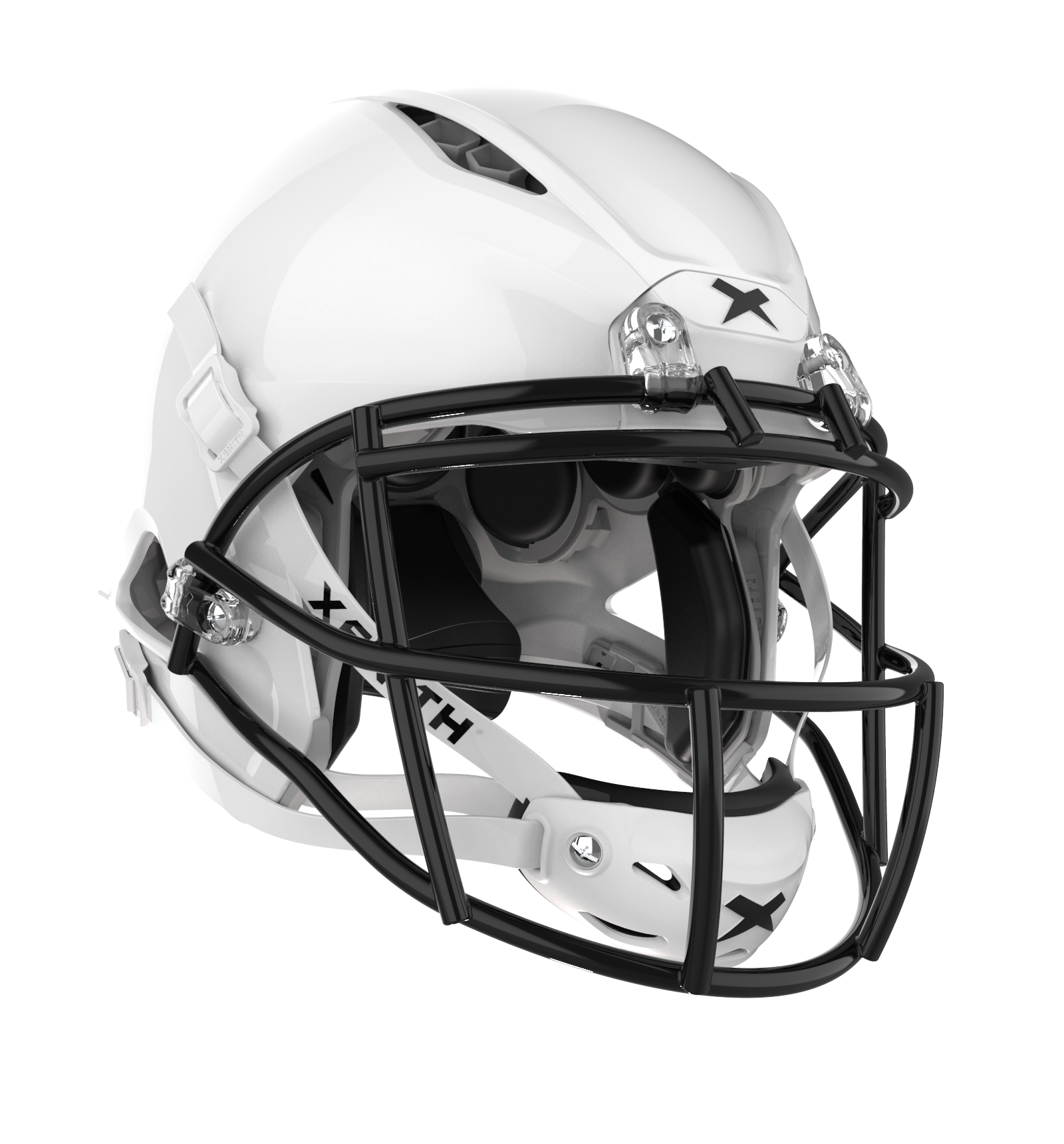 Color::white/black, facemask::xrs-21x | Shadow XR football helmet with matte white shell and black XRS-21X facemask from front angle.