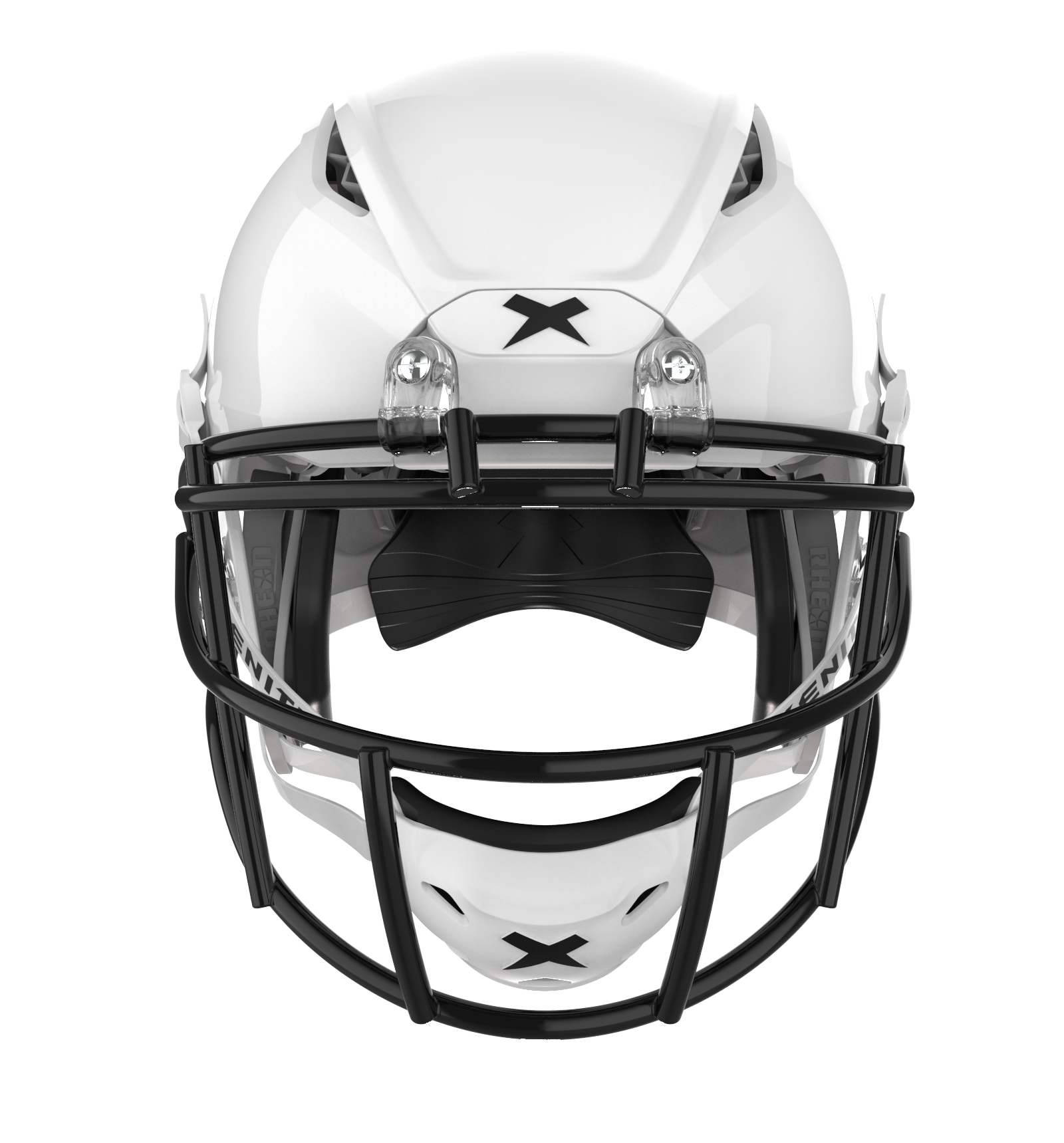 Color::white/black, facemask::xrs-21x | Shadow XR football helmet with matte white shell and black XRS-21X facemask from front.