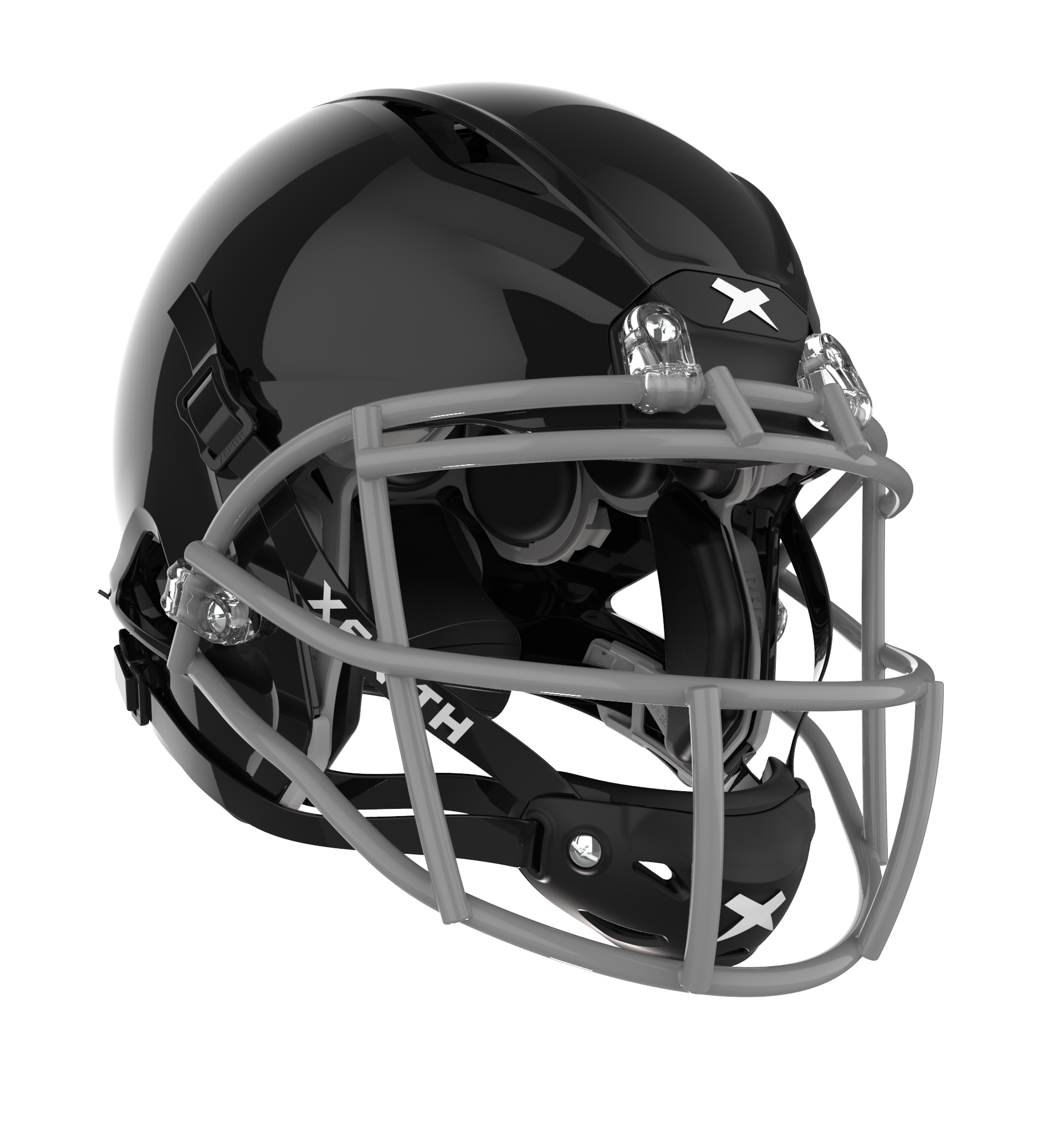 #Color_black/grey, facemask::xrs-21x | Shadow football helmet with black shell and grey XRS-21X facemask from front angle.