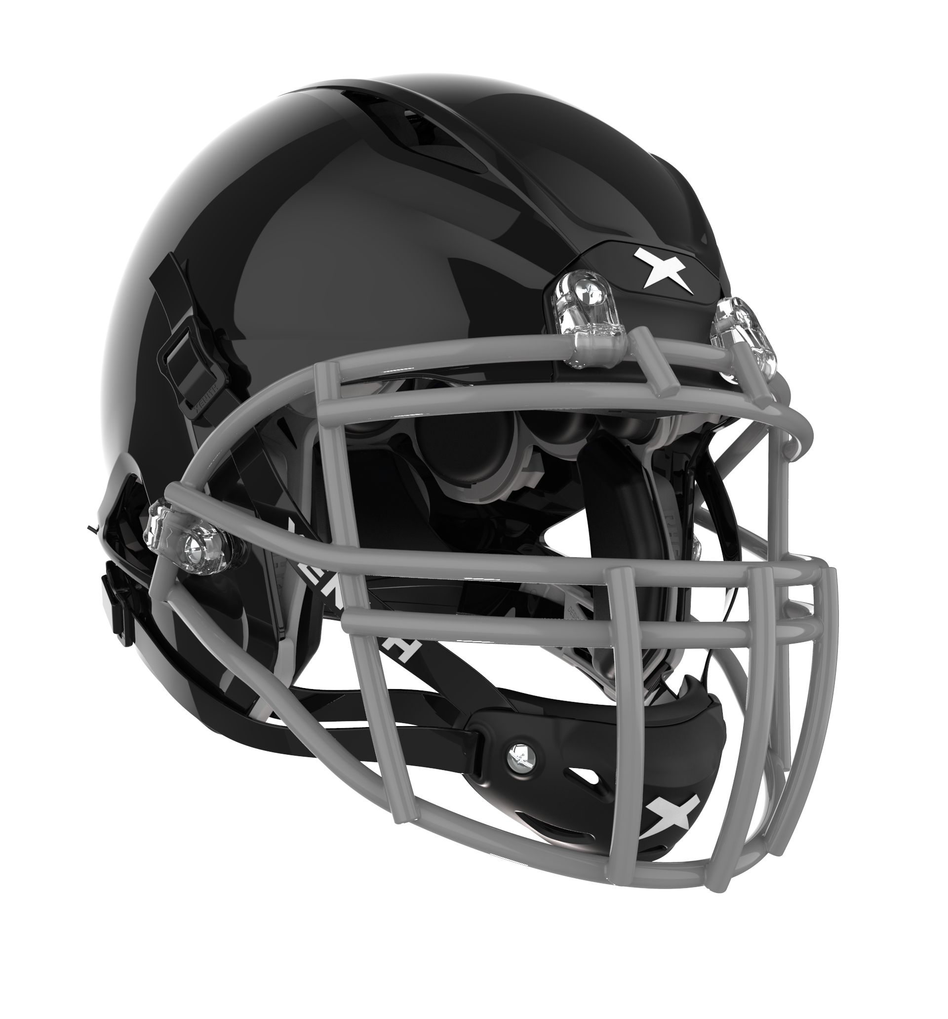 #Color_black/grey, facemask::xrs-22x | Shadow football helmet with black shell and grey XRS-22X facemask from front.