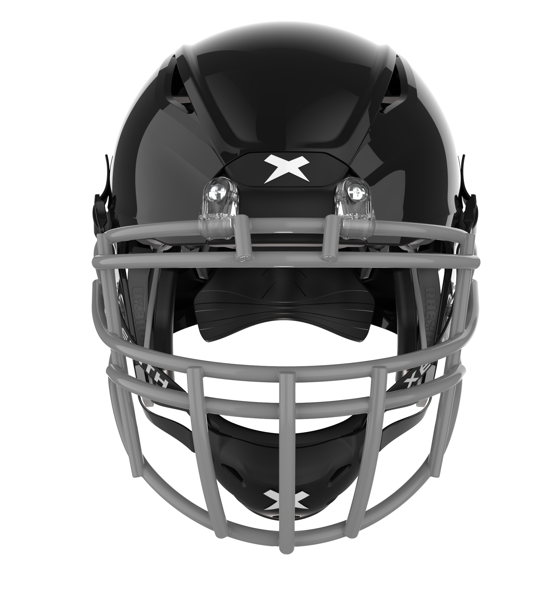 #Color_black/grey, facemask::xrs-22x | Shadow football helmet with black shell and grey XRS-22X facemask from front.