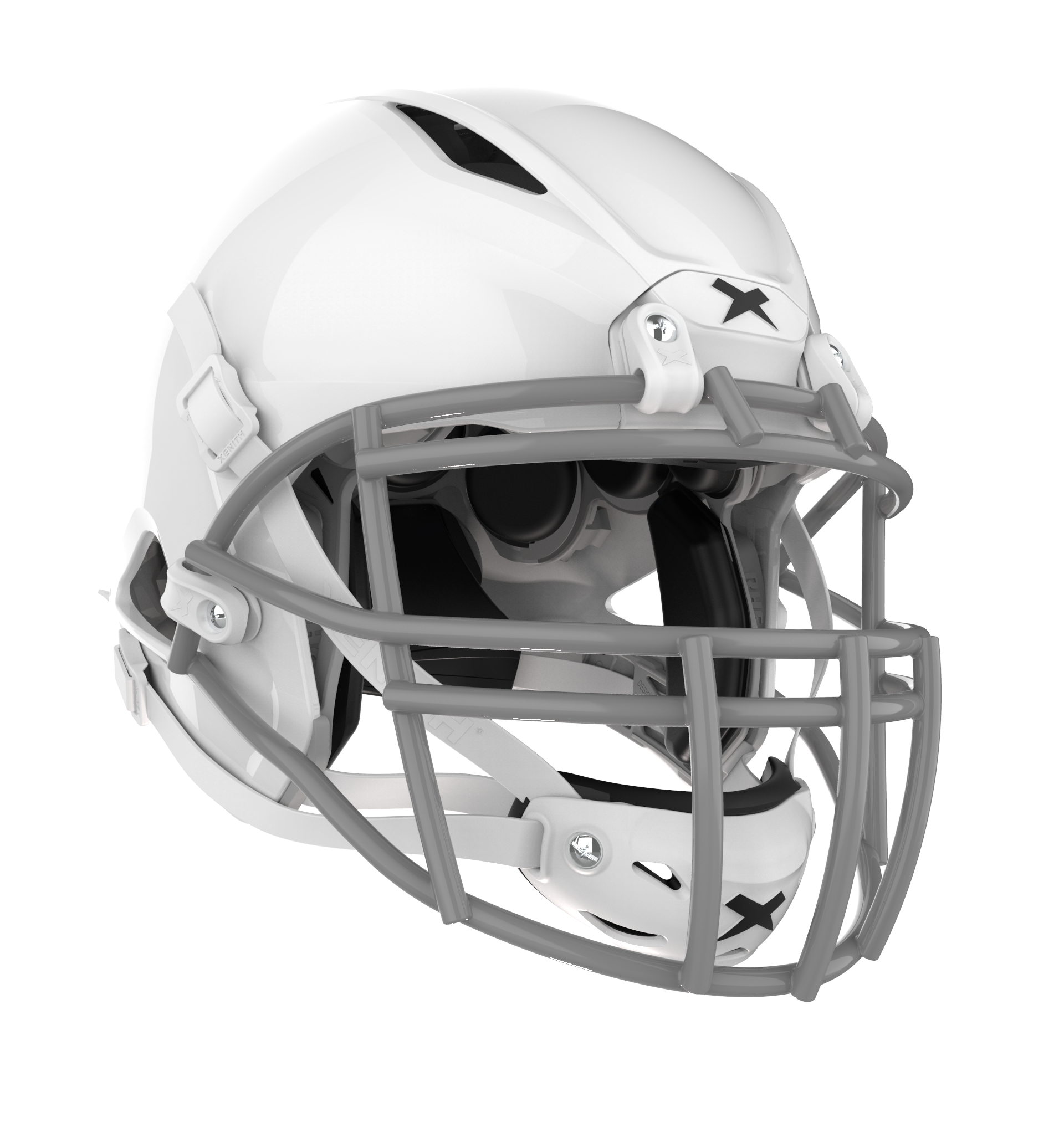 #Color_white/grey, facemask::xrs-22x | Shadow football helmet with white shell and grey XRS-22X facemask from front angle.