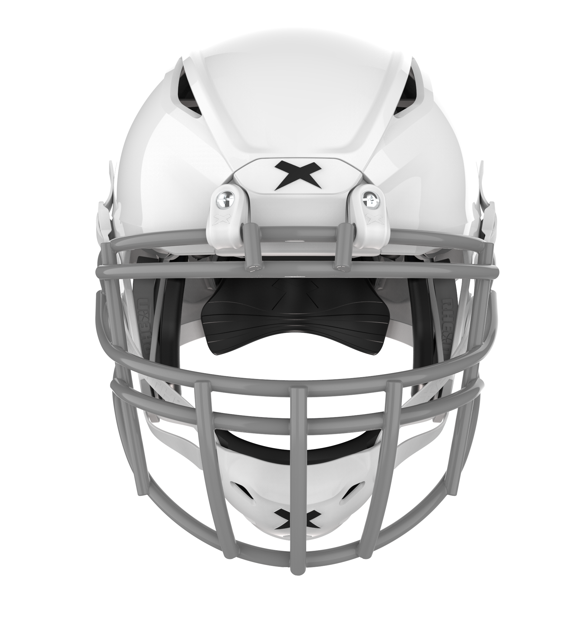 #Color_white/grey, facemask::xrs-22x | Shadow football helmet with white shell and grey XRS-22X facemask from front.