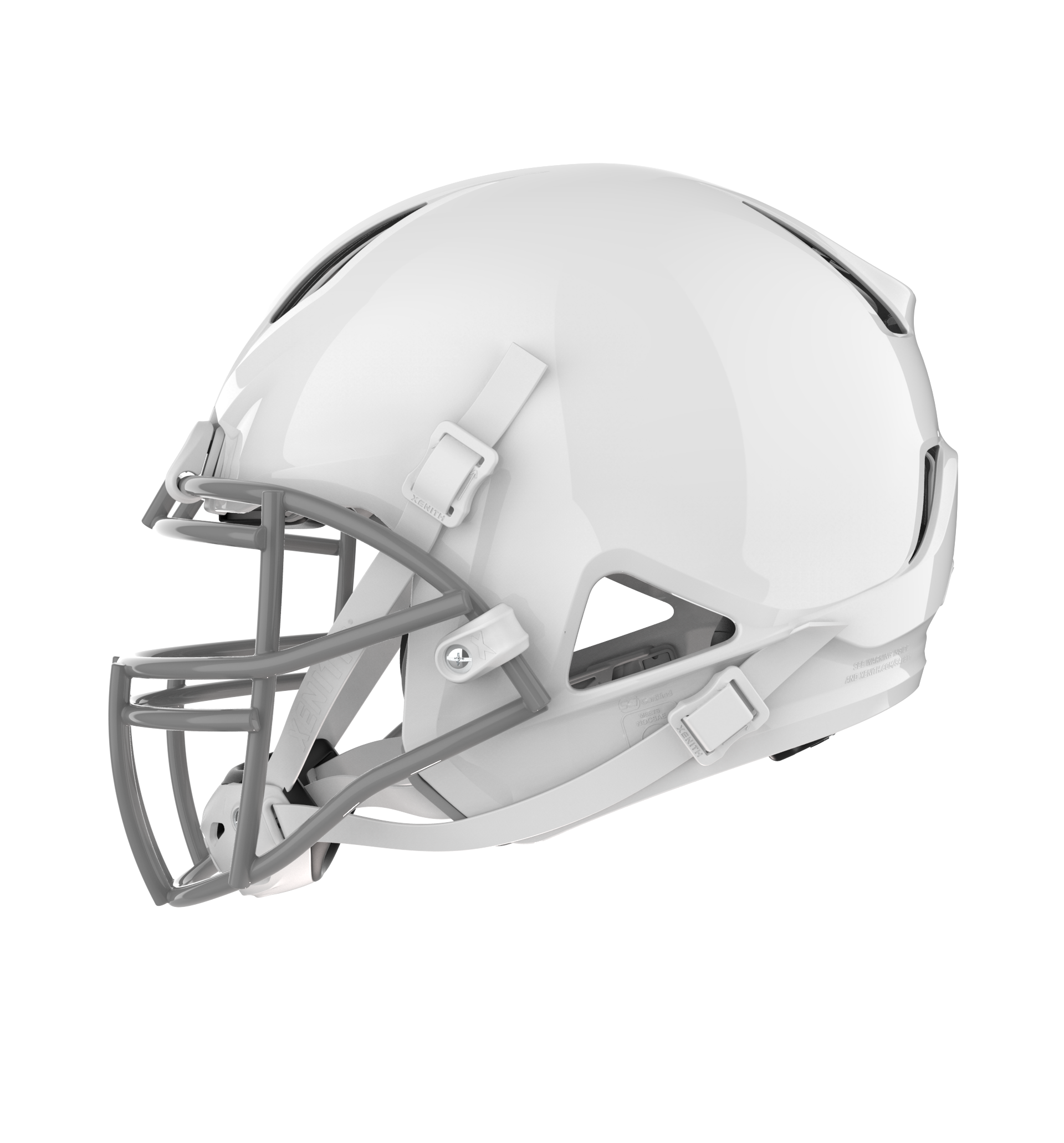 #Color_white/grey, facemask::xrs-22x | Shadow football helmet with white shell and grey XRS-22X facemask from side.