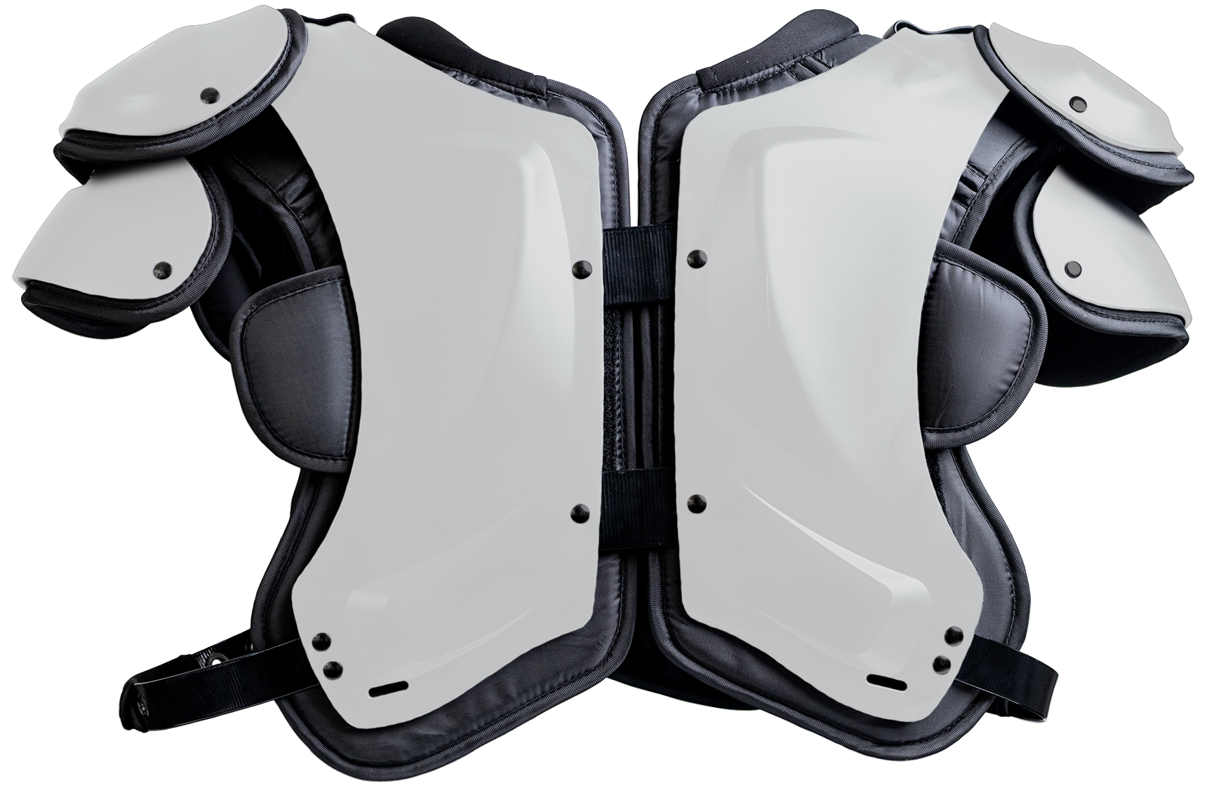 back facing view of White Velocity 2 football shoulder pads.