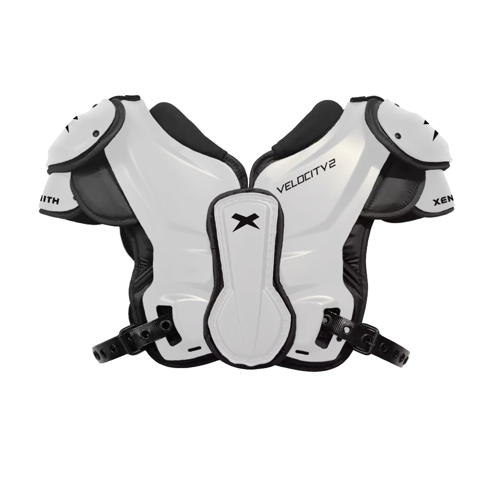 Front facing view of White Velocity 2 football shoulder pads.