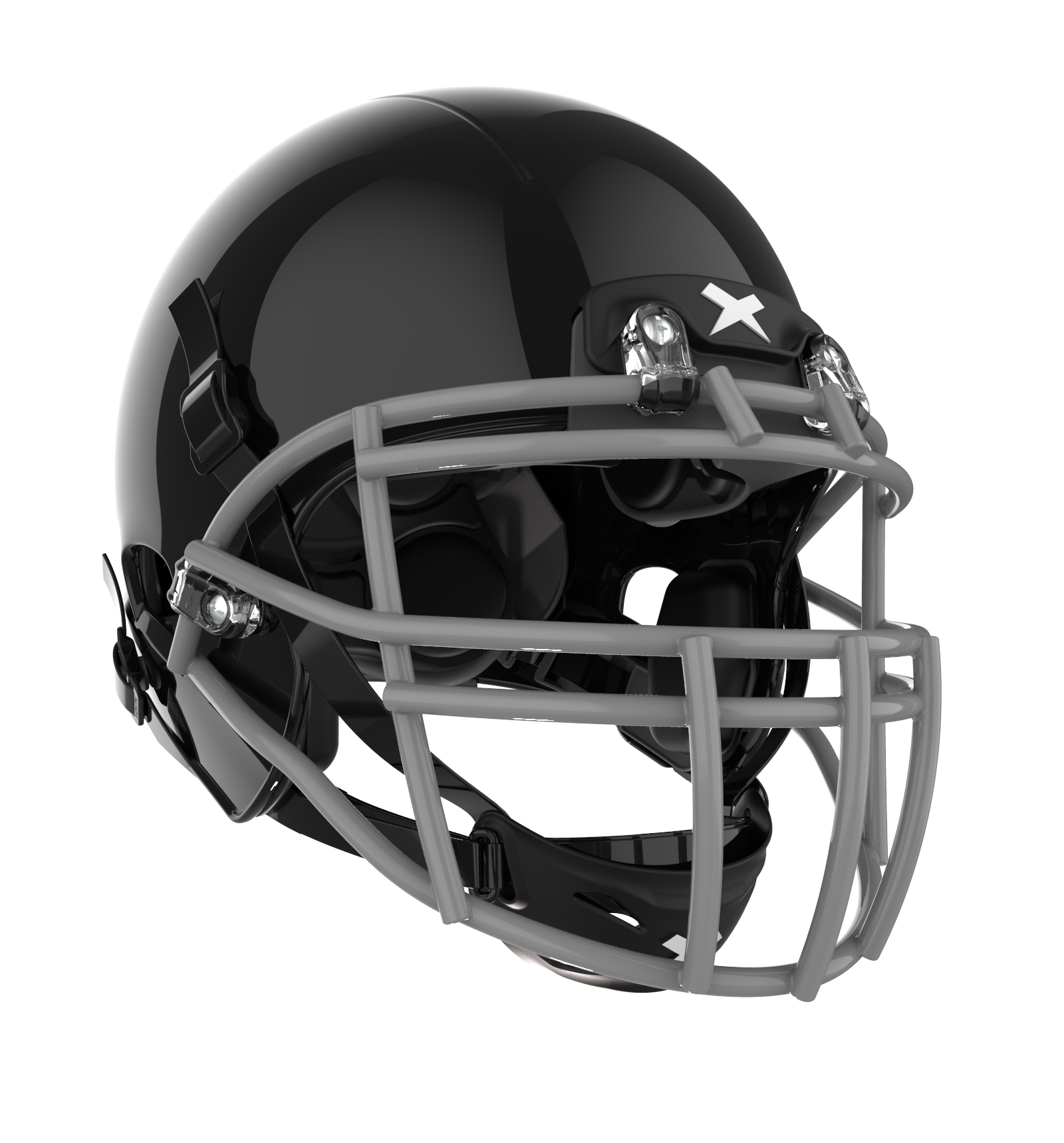 Color::black/grey, facemask::xrs-22x | X2E+ football helmet with black shell and grey XRS-22X facemask from front angle.