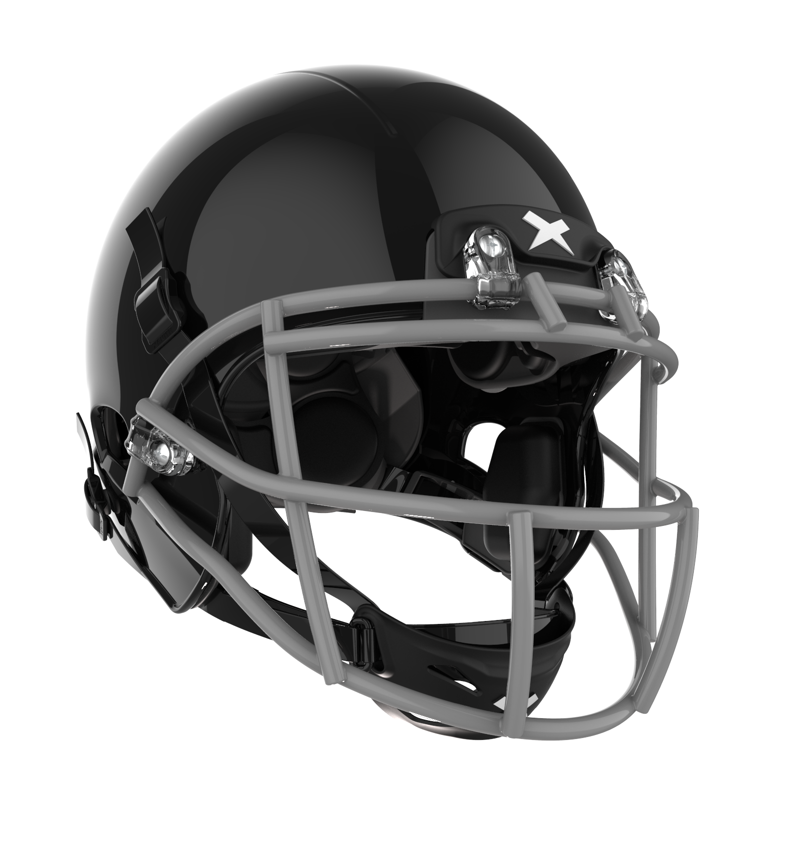 Color::black/grey, facemask::xrs-21x | X2E+ football helmet with black shell and grey XRS-21X facemask from front angle.