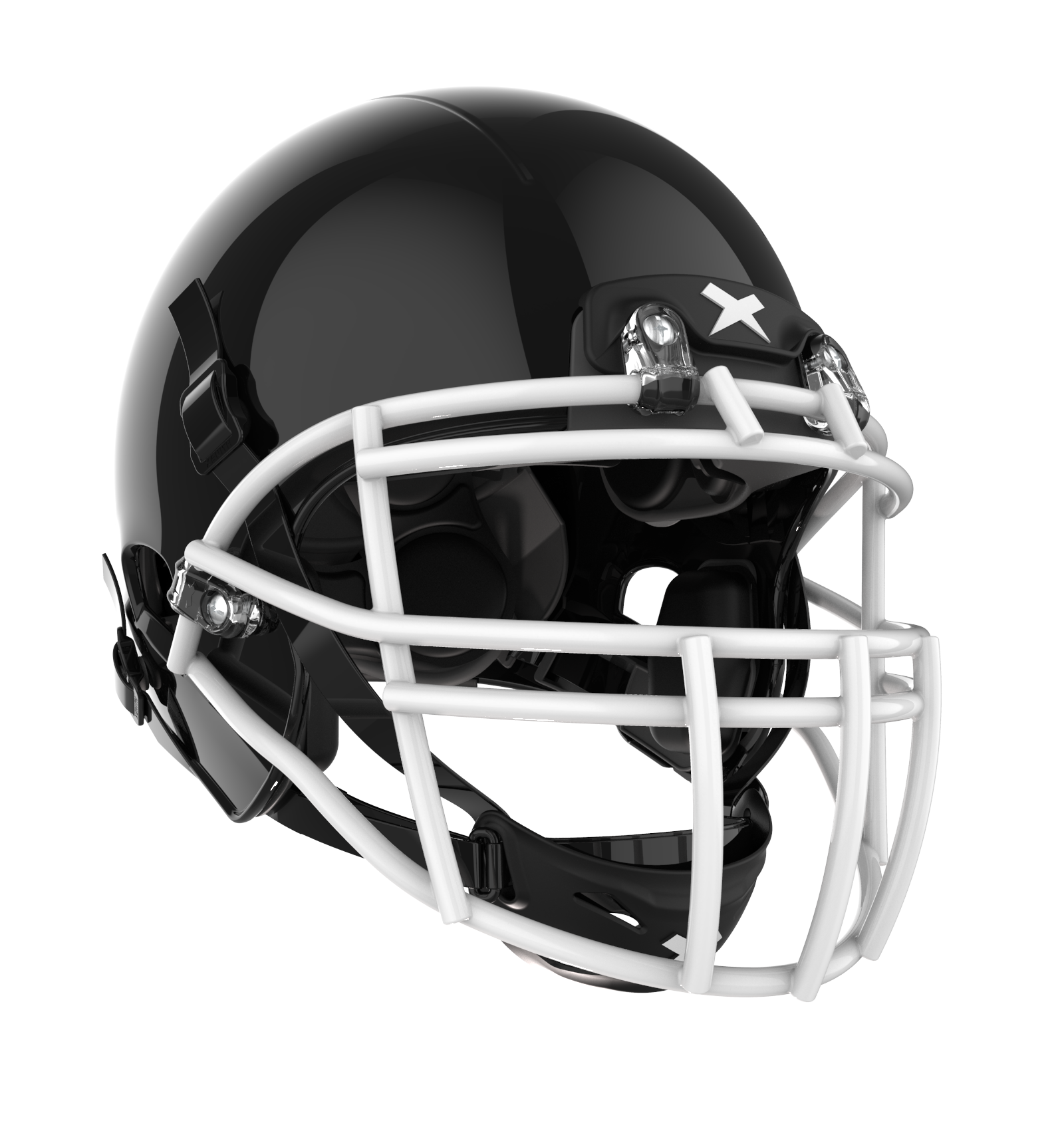 Color::black/white, facemask::xrs-22x | X2E+ football helmet with black shell and white XRS-22X facemask from front angle.