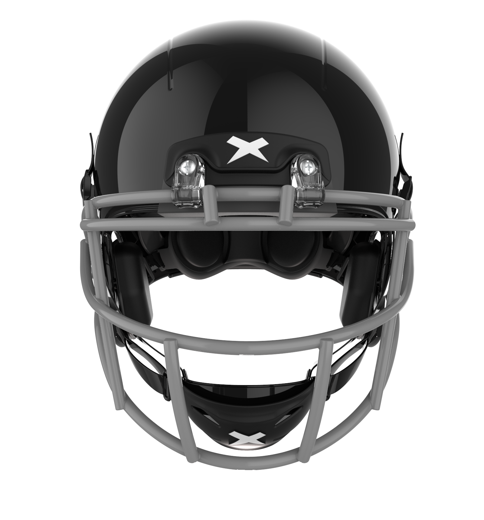 Color::black/grey, facemask::xrs-21x | X2E+ football helmet with black shell and grey XRS-21X facemask from front.