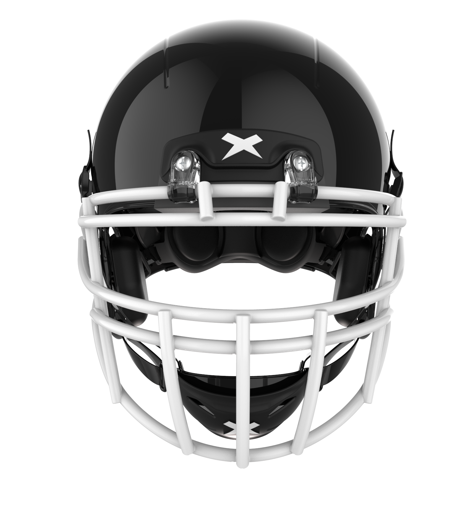 Color::black/white, facemask::xrs-22x | X2E+ football helmet with black shell and white XRS-22X facemask from front.