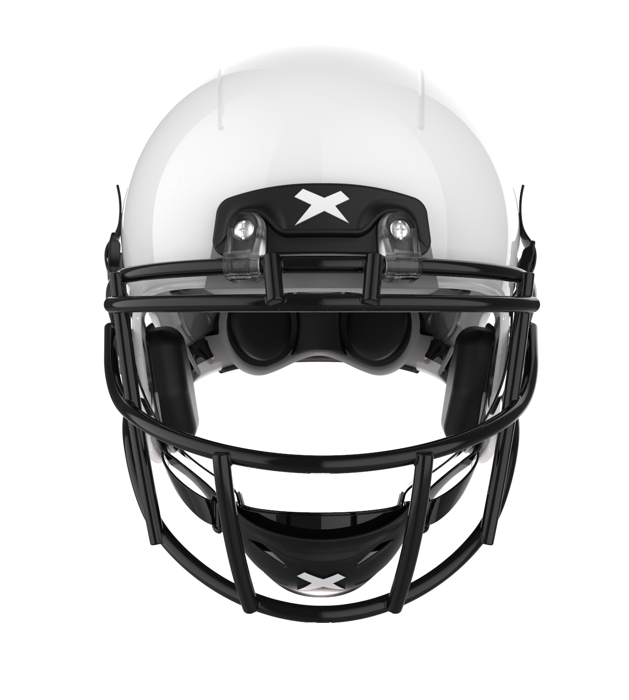 Color::white/black, facemask::xrs-21x | X2E+ football helmet with white shell and black XRS-21X facemask from front.