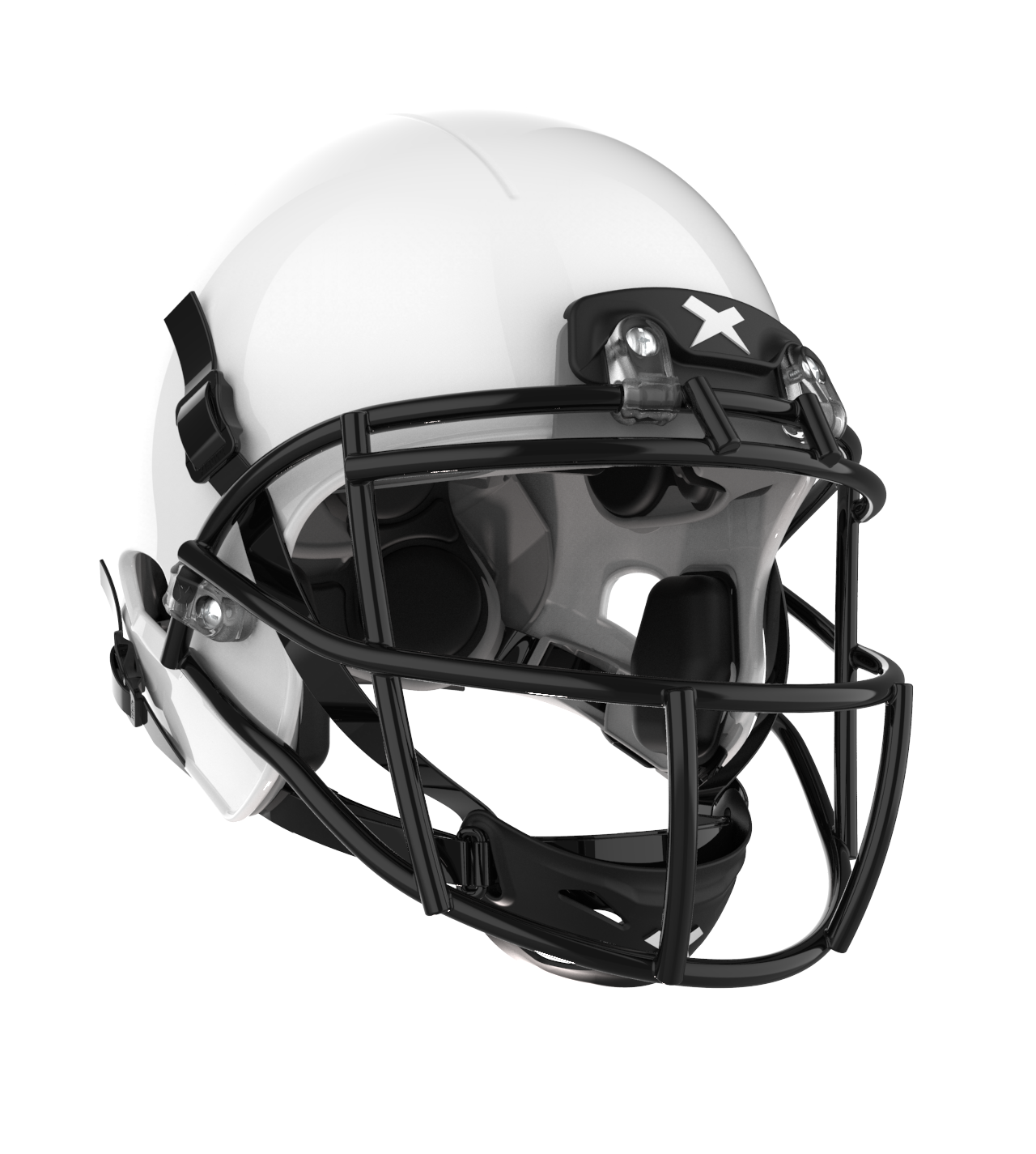 Color::white/black, facemask::xrs-21x | X2E+ football helmet with white shell and black XRS-21X facemask from front angle.