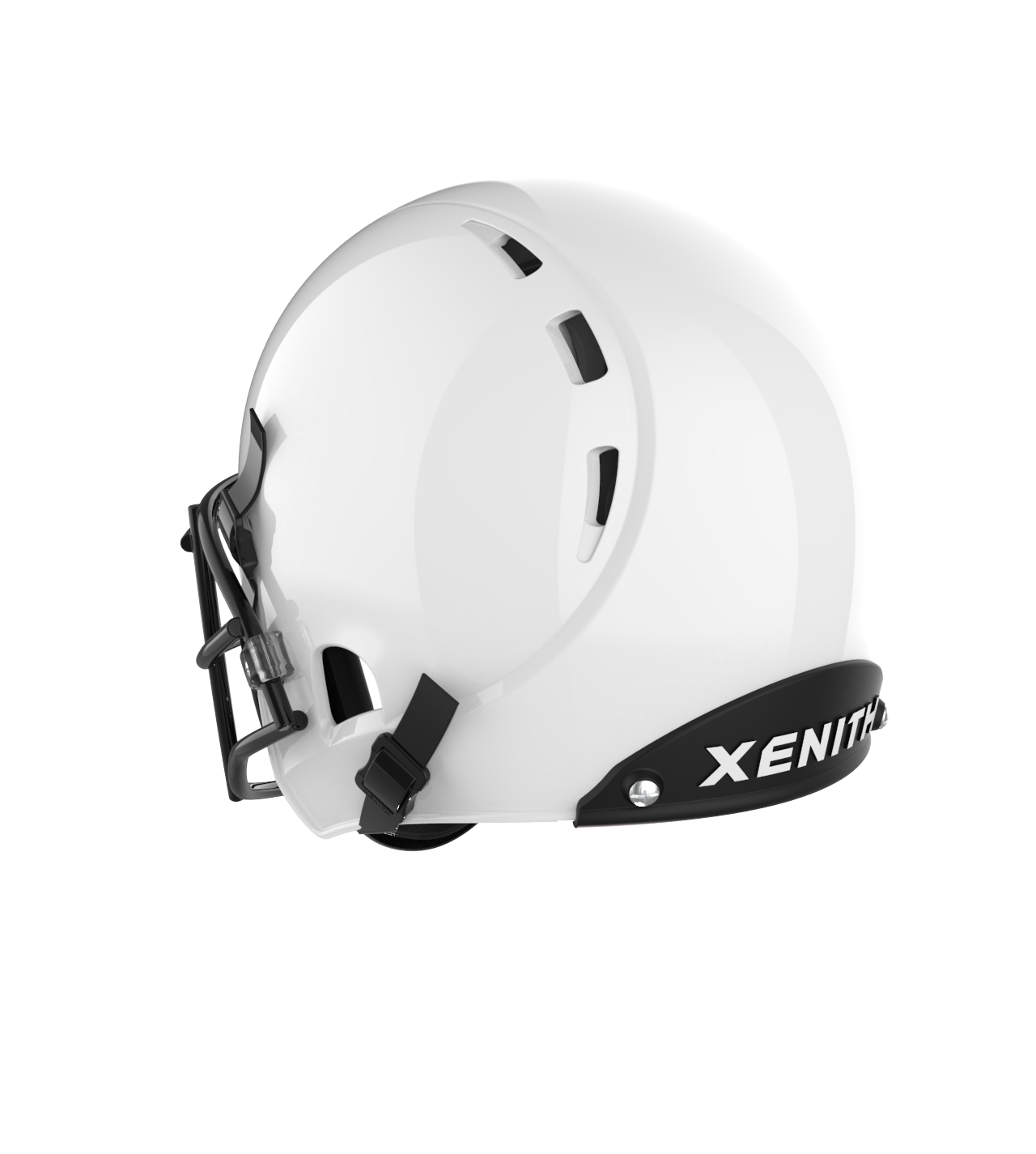 Color::white/black, facemask::xrs-21x | X2E+ football helmet with white shell and black XRS-21X facemask from back.