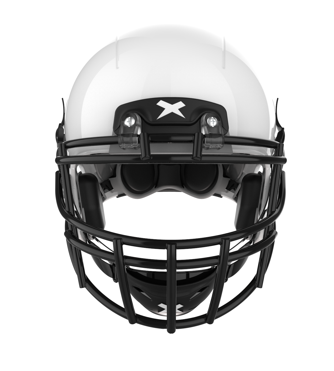 Color::white/black, facemask::xrs-22x | X2E+ football helmet with white shell and black XRS-22X facemask from front.