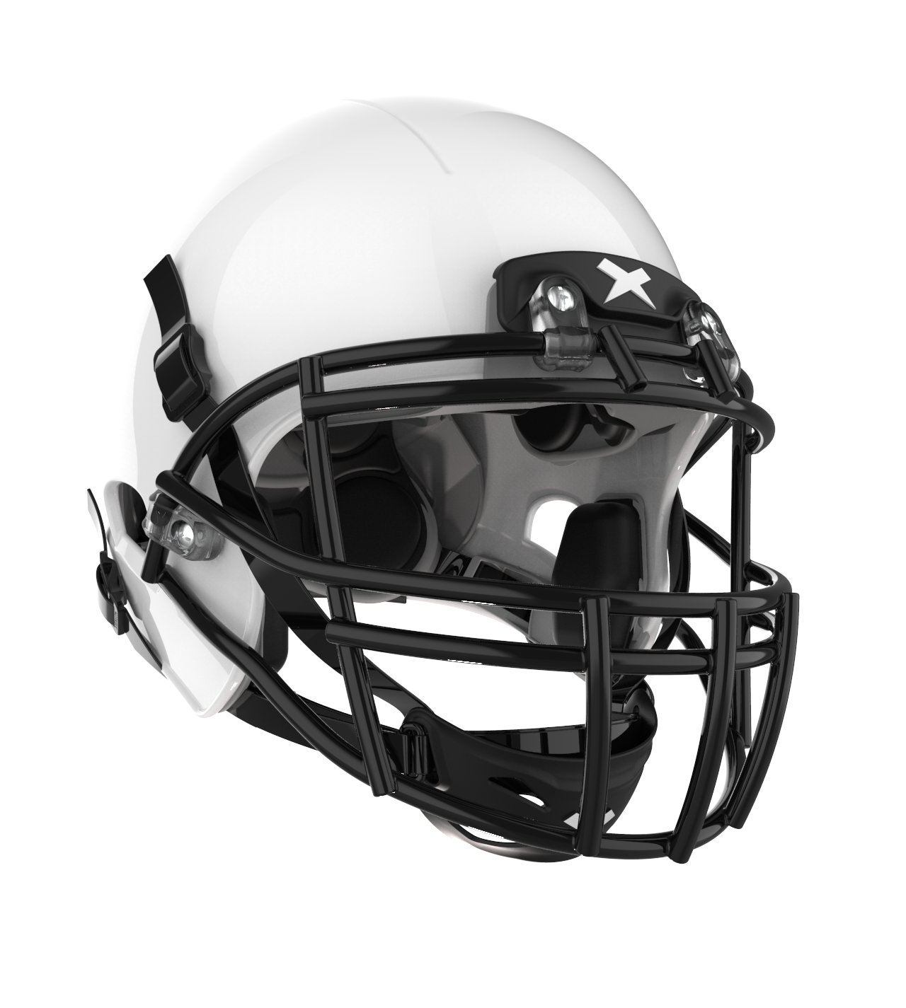 Color::white/black, facemask::xrs-22x | X2E+ football helmet with white shell and black XRS-22X facemask from front angle.