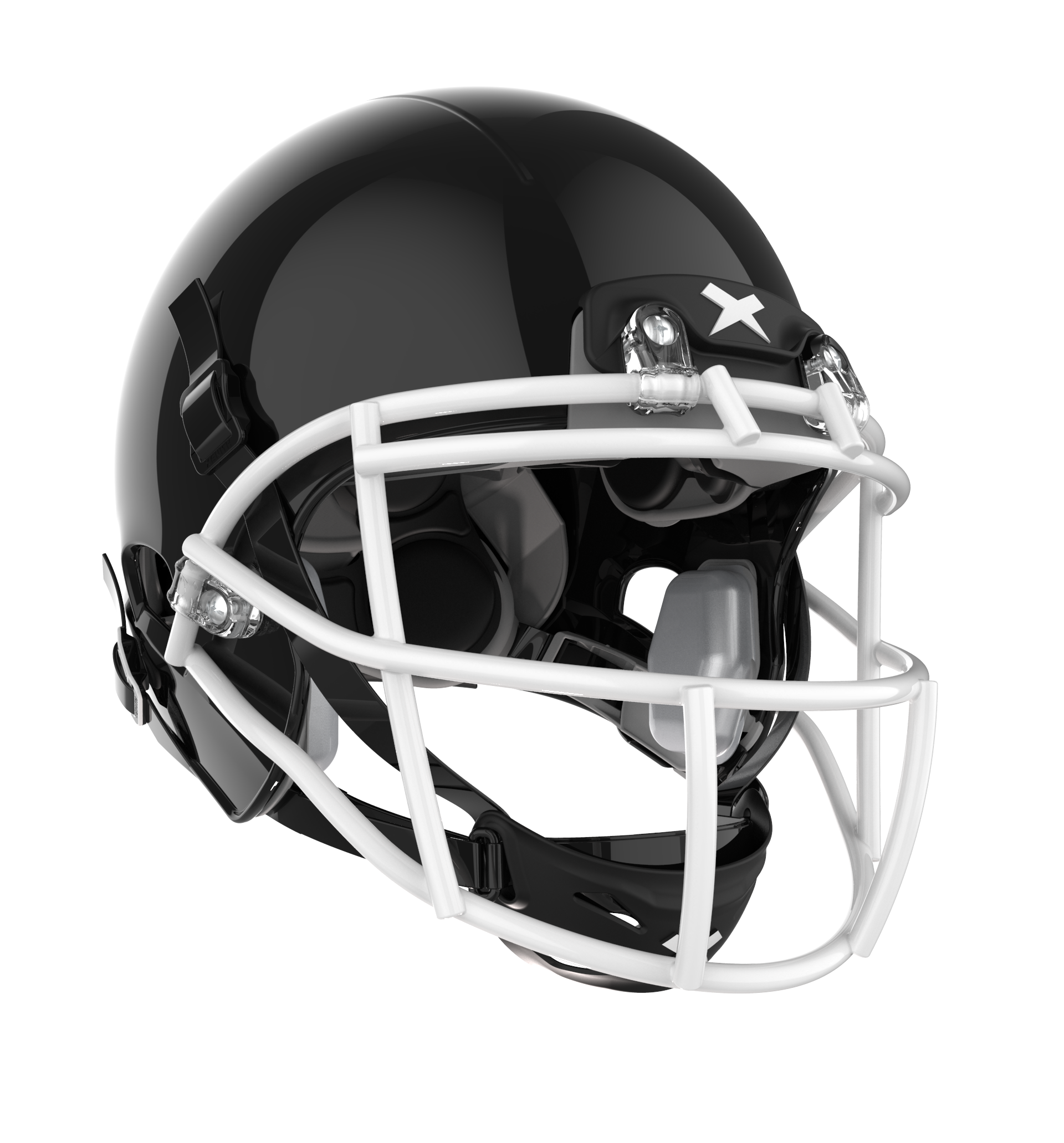 Color::black/white, facemask::xrs-21x | X2E+ football helmet with black shell and white XRS-21X facemask from front angle.