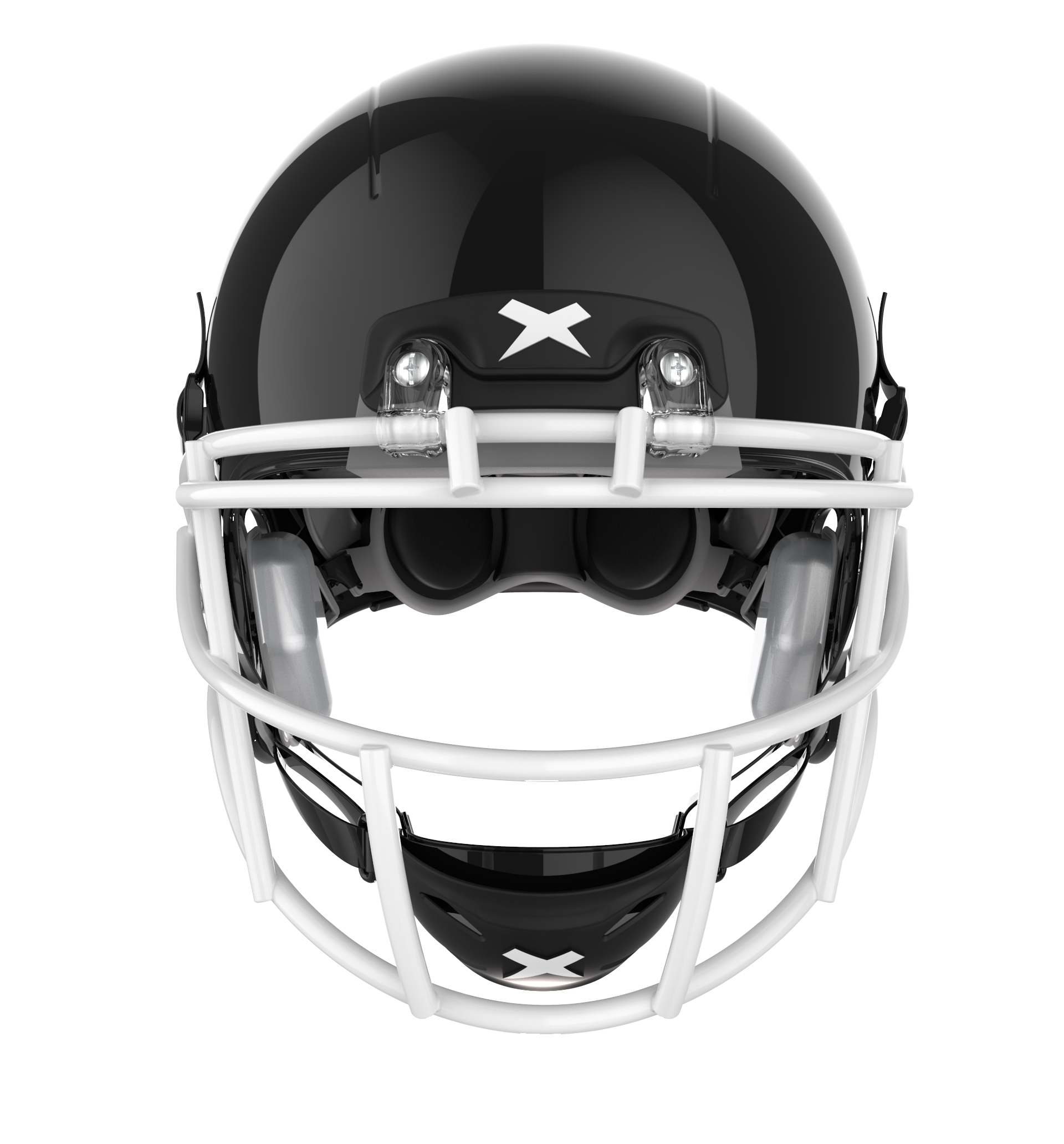 Color::black/white, facemask::xrs-21x | X2E+ football helmet with black shell and white XRS-21X facemask from front.