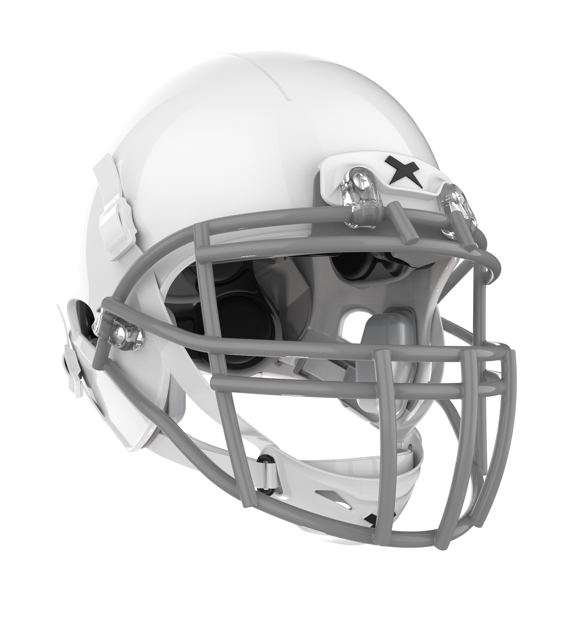 Color::white/grey, facemask::xrs-22x | X2E+ football helmet with white shell and grey XRS-22X facemask from front angle.