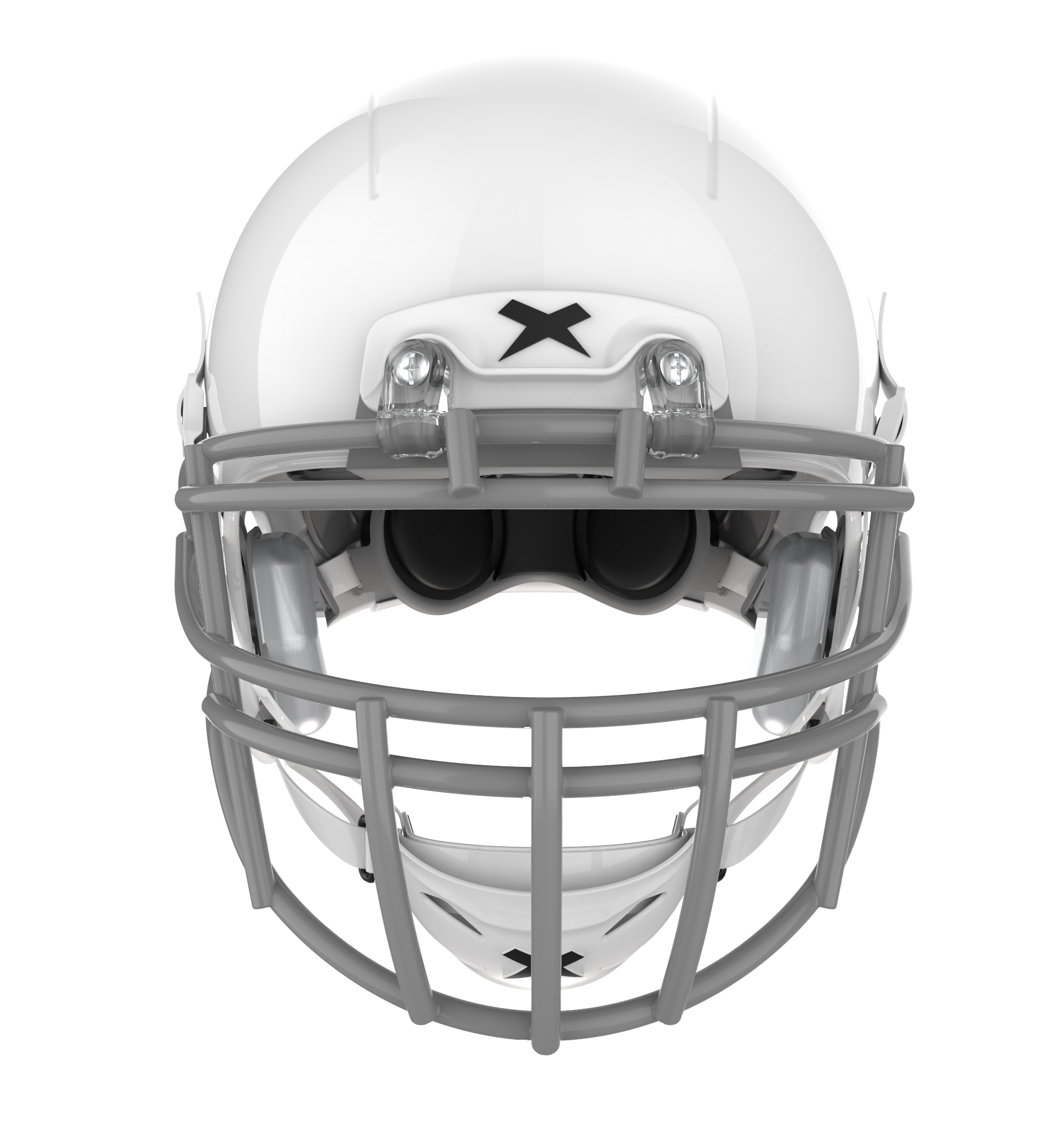 Color::white/grey, facemask::xrs-22x | X2E+ football helmet with white shell and grey XRS-22X facemask from front.