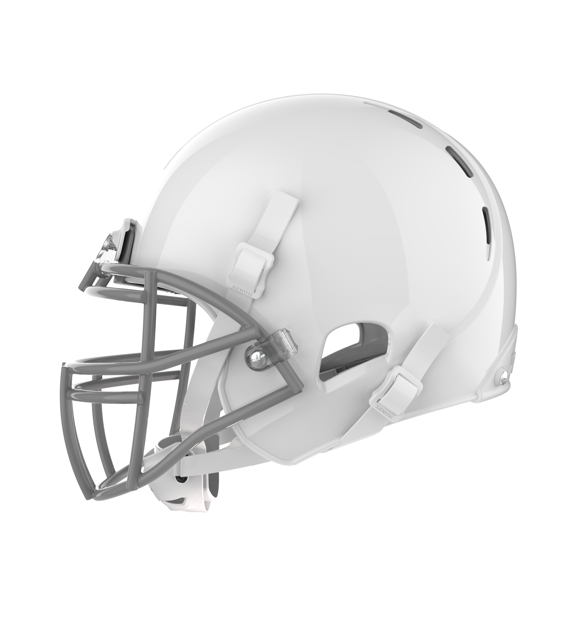 Color::white/grey, facemask::xrs-22x | X2E+ football helmet with white shell and grey XRS-22X facemask from side.