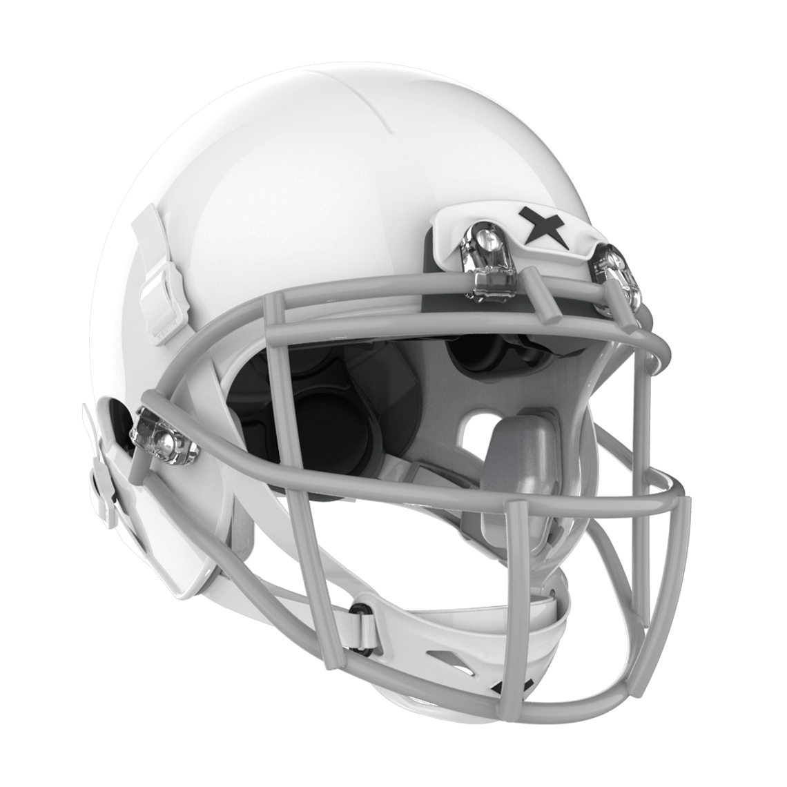 Color::white/grey, facemask::xrs-21x | X2E+ football helmet with white shell and grey XRS-21X facemask from front angle.