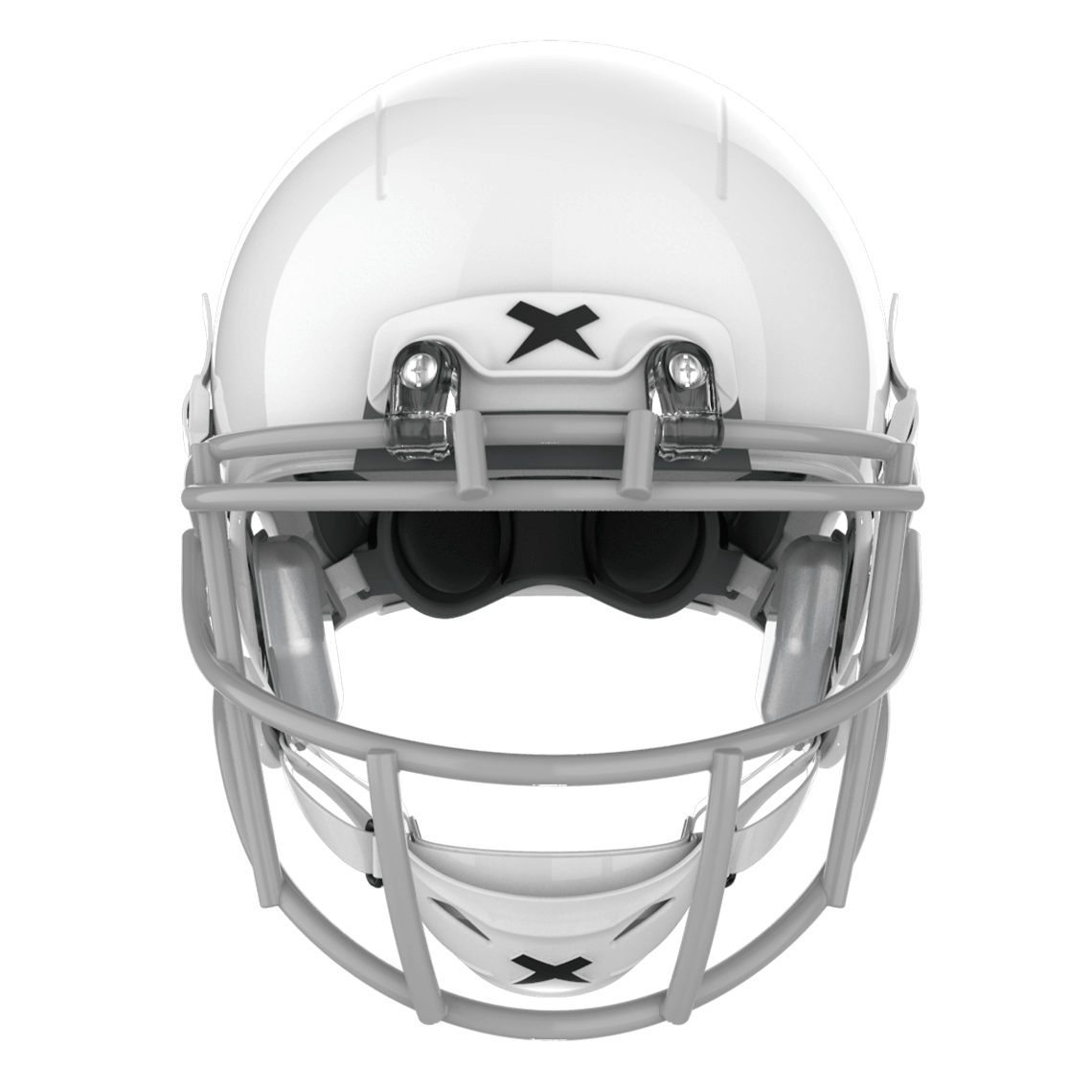 Color::white/grey, facemask::xrs-21x | X2E+ football helmet with white shell and grey XRS-21X facemask from front.