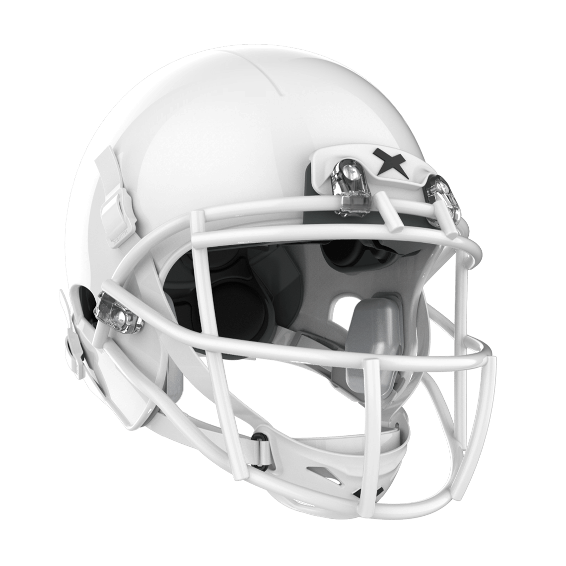 Color::white/white, facemask::xrs-21x | X2E+ football helmet with white shell and white XRS-21X facemask from front angle.