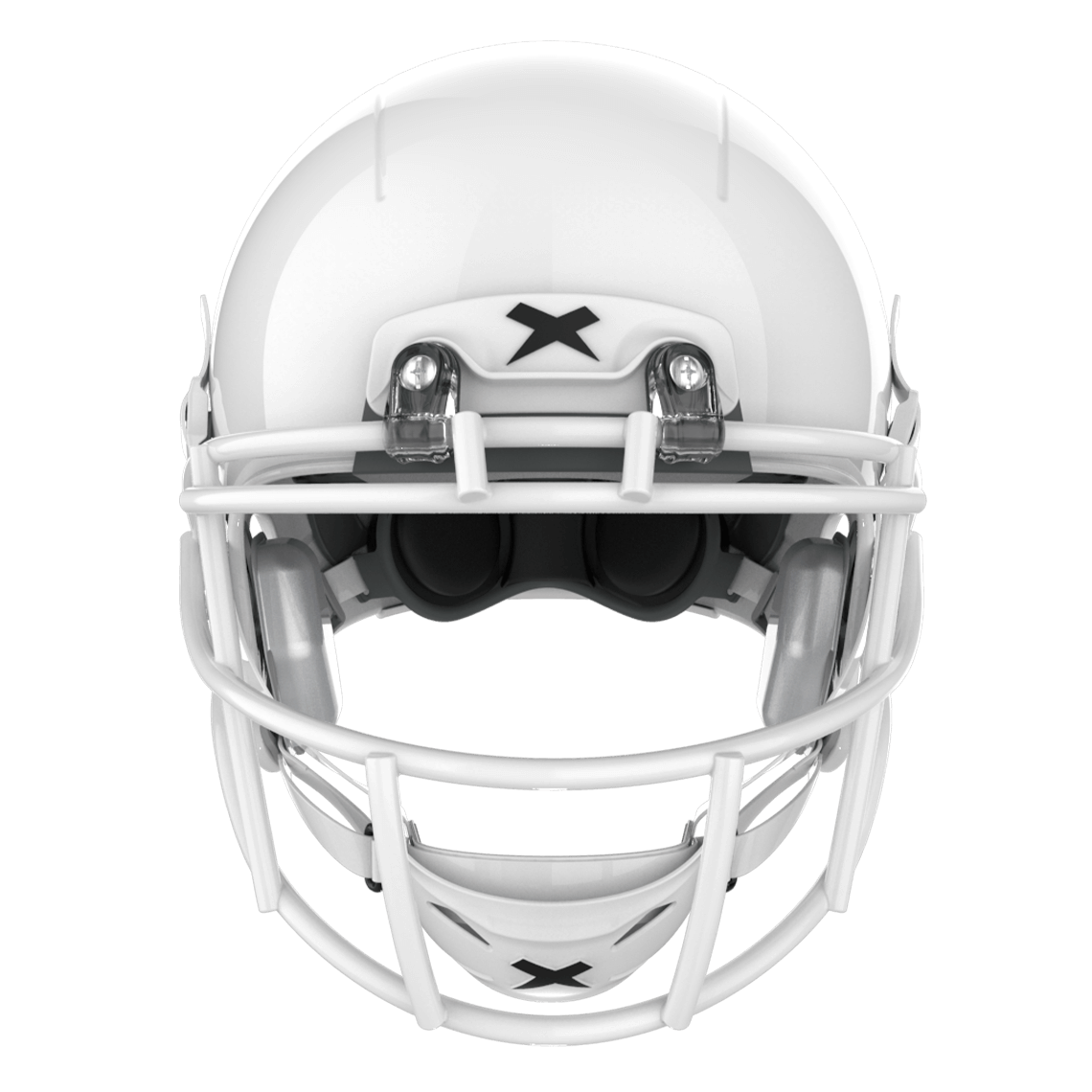 Color::white/white, facemask::xrs-21x | X2E+ football helmet with white shell and white XRS-21X facemask from front.