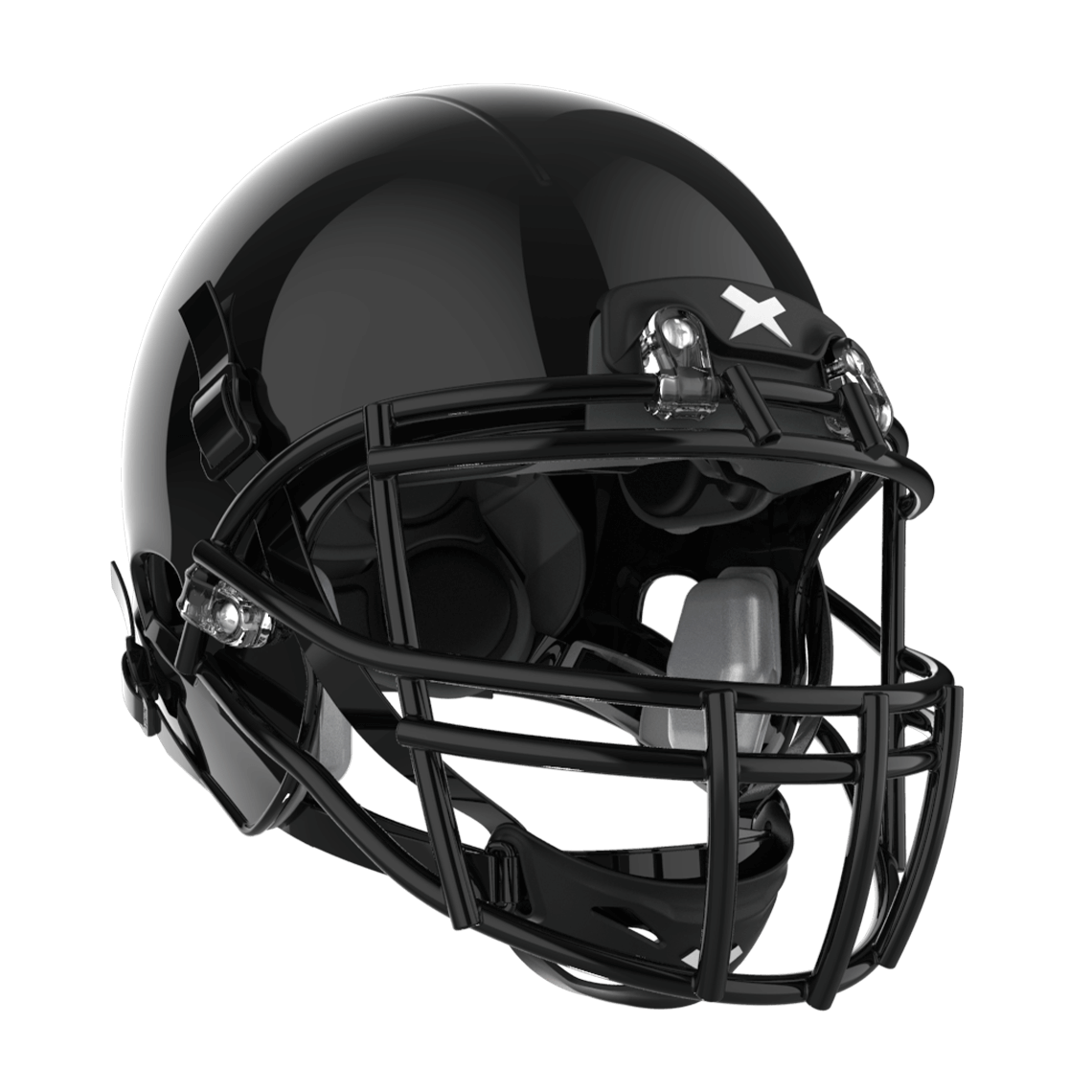 Color::black/black, facemask::xrs-22x | X2E+ football helmet with black shell and black XRS-22X facemask from front angle.