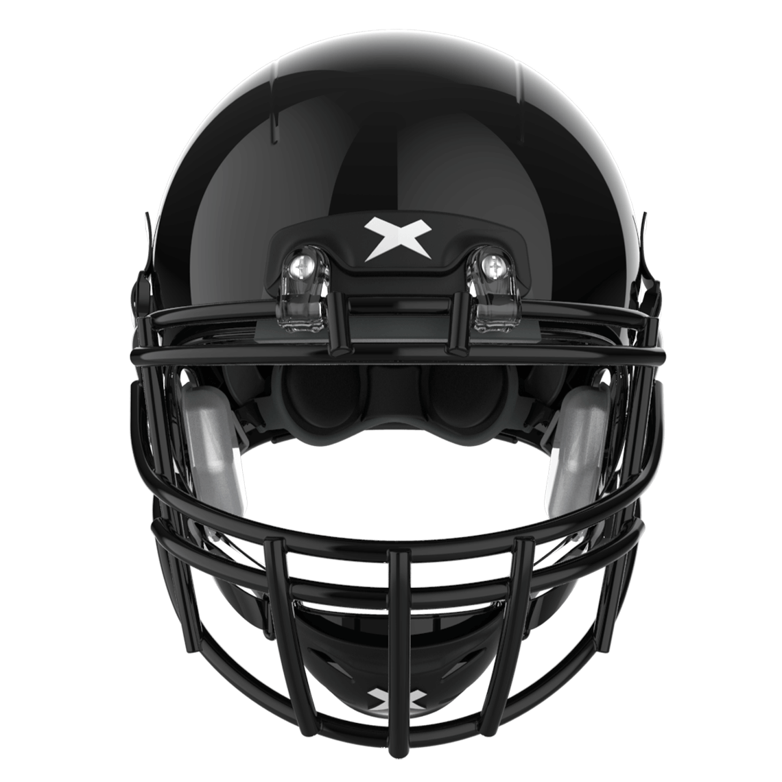 Color::black/black, facemask::xrs-22x | X2E+ football helmet with black shell and black XRS-22X facemask from front.