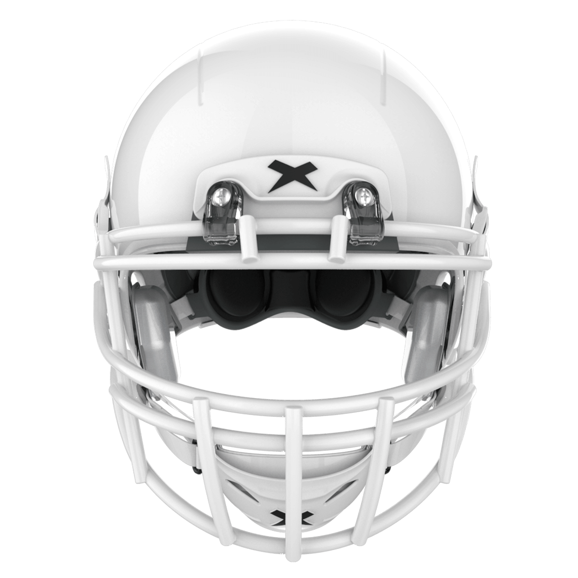 Color::white/white, facemask::xrs-22x | X2E+ football helmet with white shell and white XRS-22X facemask from front.