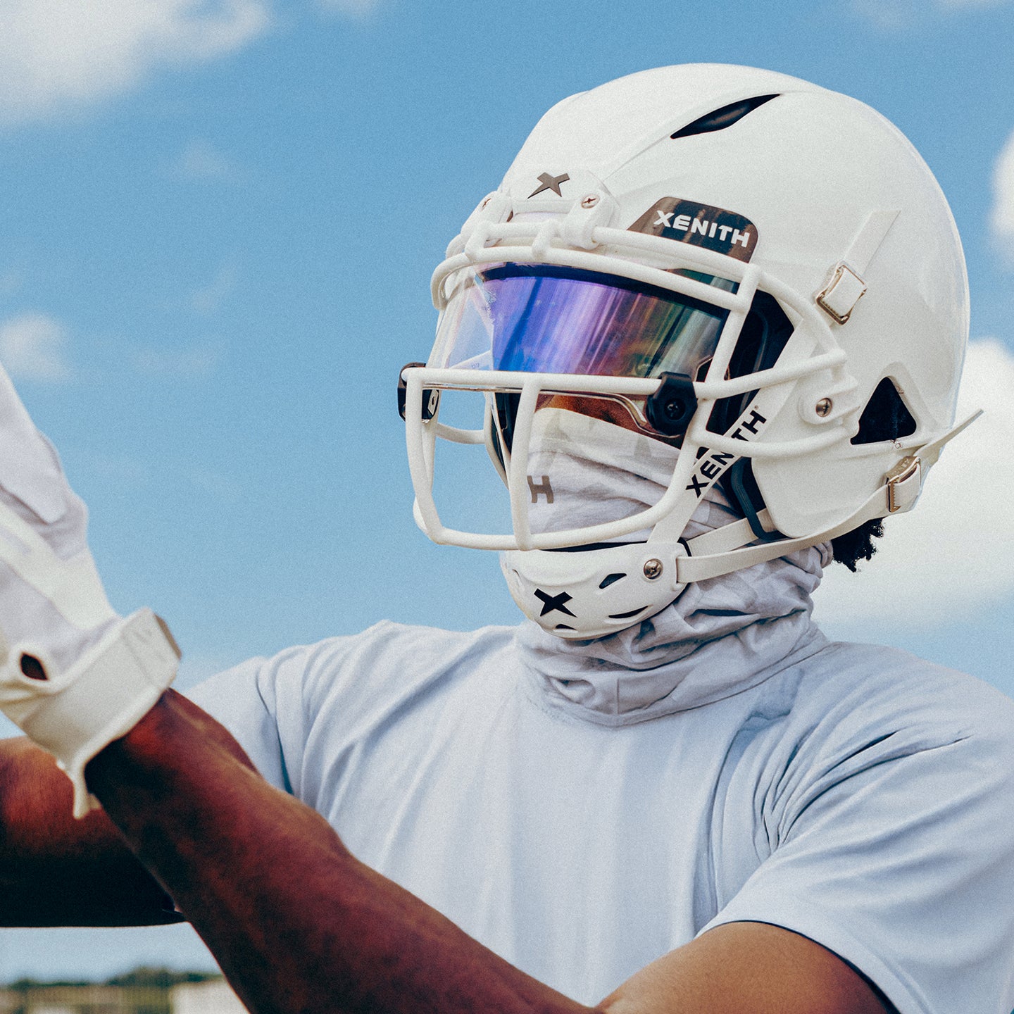 player wearing white shadow helmet