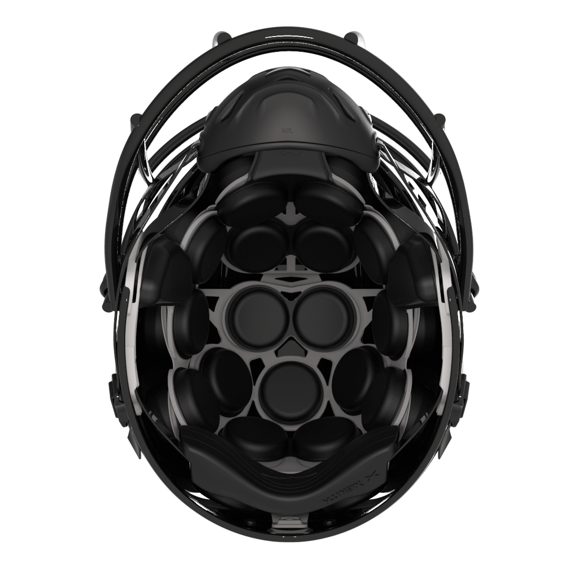 Color::matte black/black, facemask::xrs-21x | Shadow football helmet with matte black shell and black XRS-21X facemask from bottom.