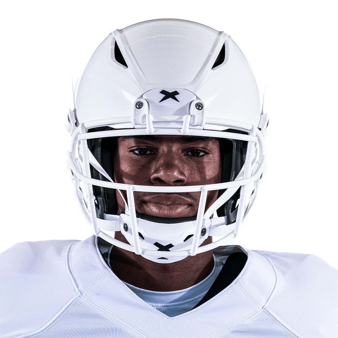 Front view of white XRS-21X Facemask attached to white helmet worn on athlete.