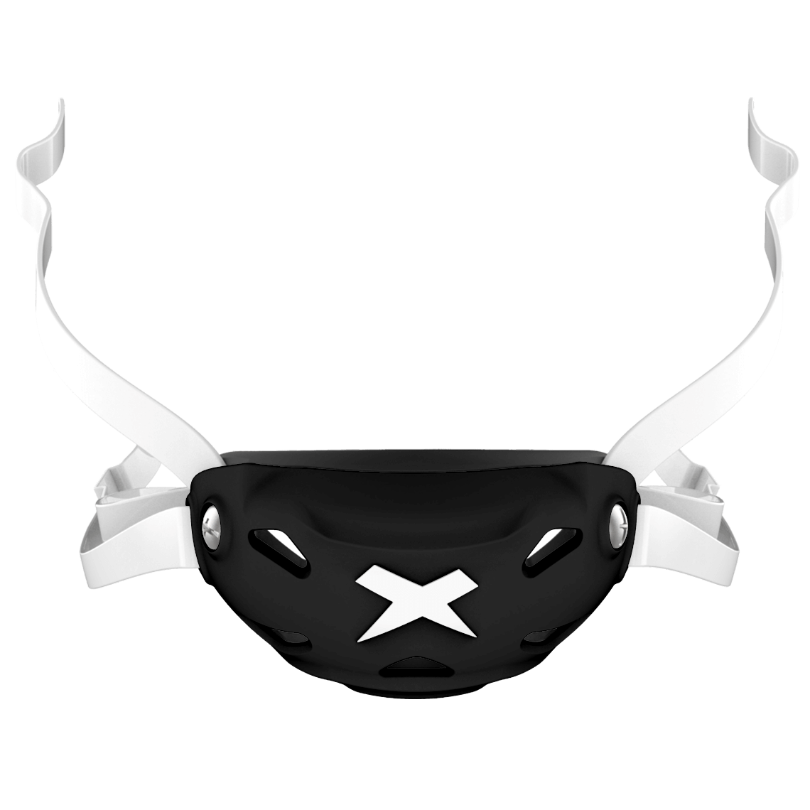 Cup color::black, strap color::white | Black Xenith 3DX chin cup on a white chin strap.