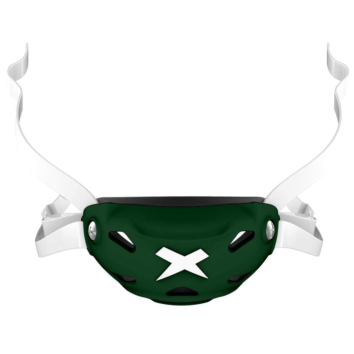 Cup color::dark green, strap color::white | Dark green Xenith 3DX chin cup on a white chin strap.