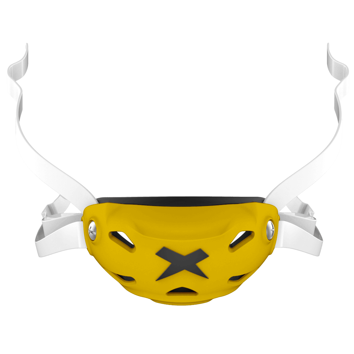 Cup color::gold, strap color::white | Gold Xenith 3DX chin cup on a white chin strap.