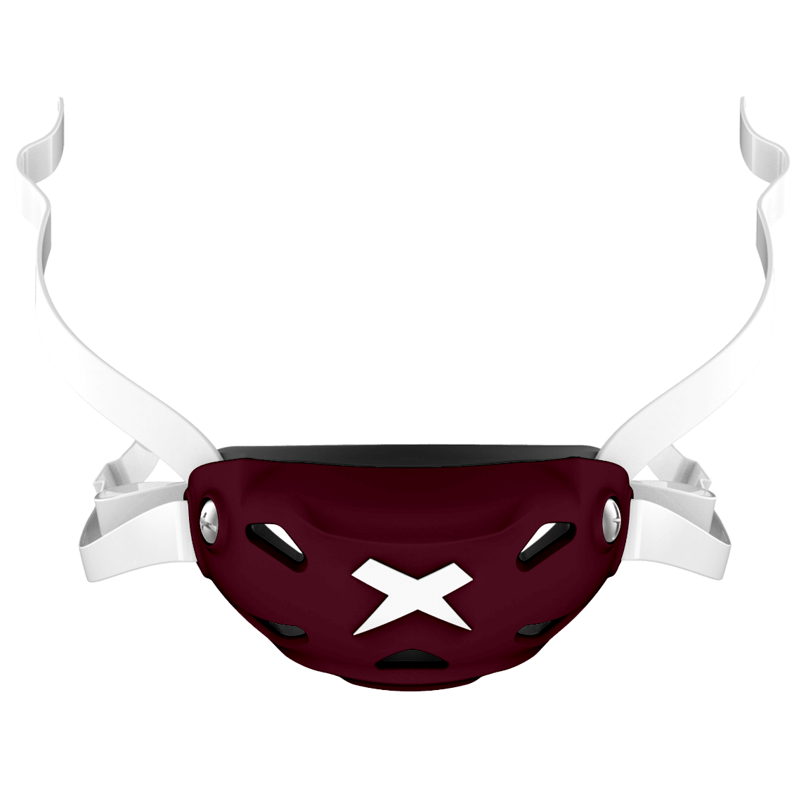 Cup color::maroon, strap color::white | Maroon Xenith 3DX chin cup on a white chin strap.