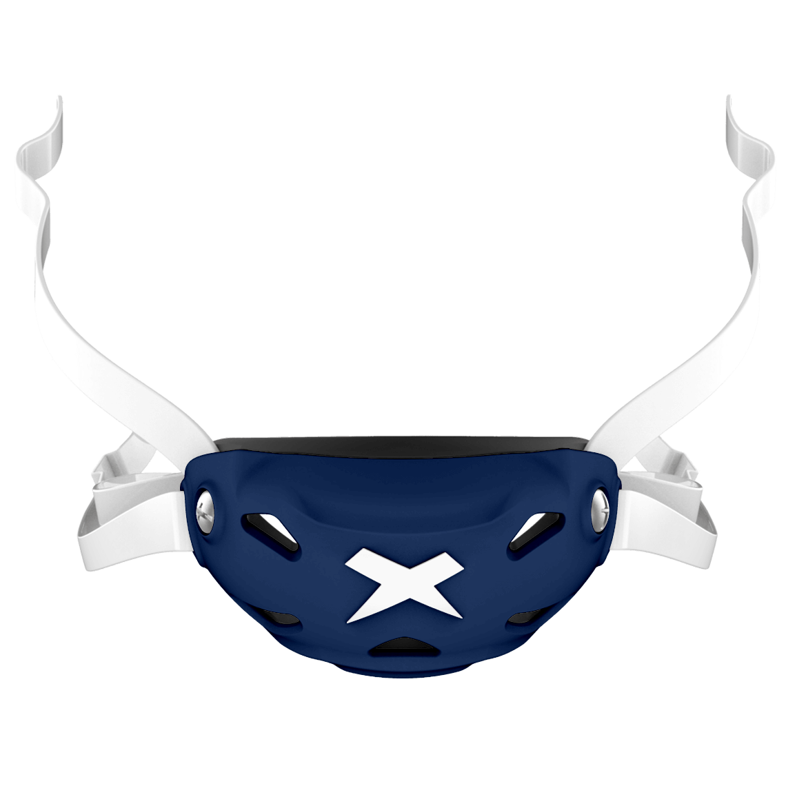 Cup color::navy, strap color::white | Navy Xenith 3DX chin cup on a white chin strap.