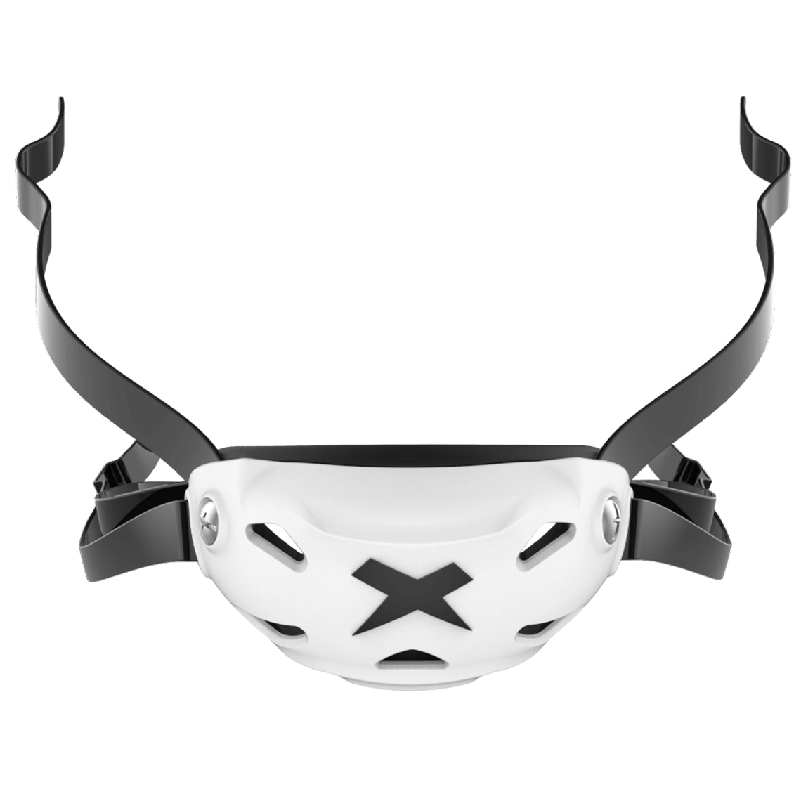 Cup color::white, strap color::black | White Xenith 3DX chin cup on a black chin strap.