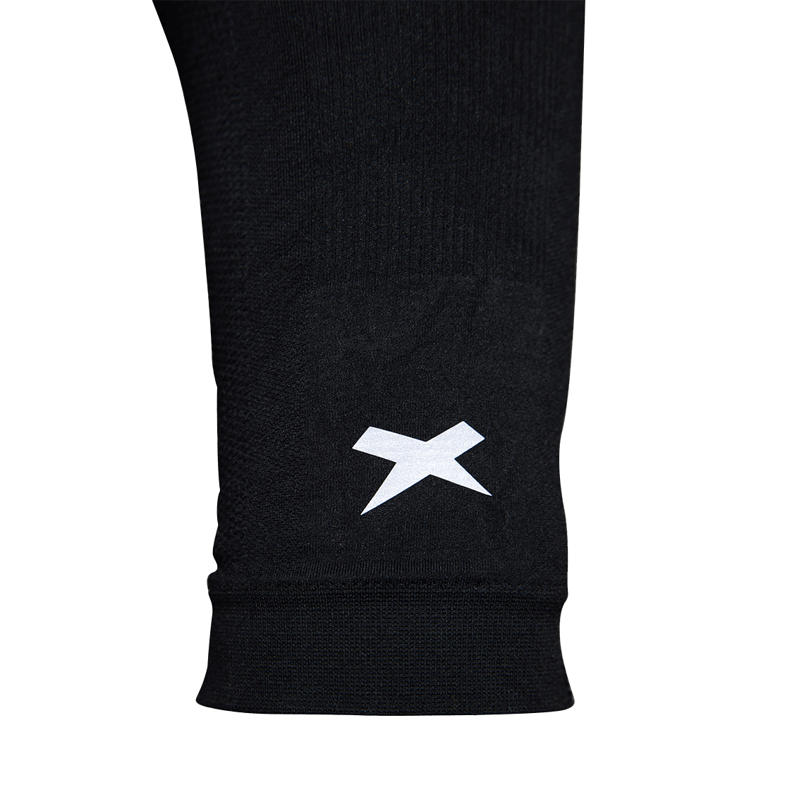 Color::black | Zoomed in Xenith logo detail on black Xenith compression sleeve.