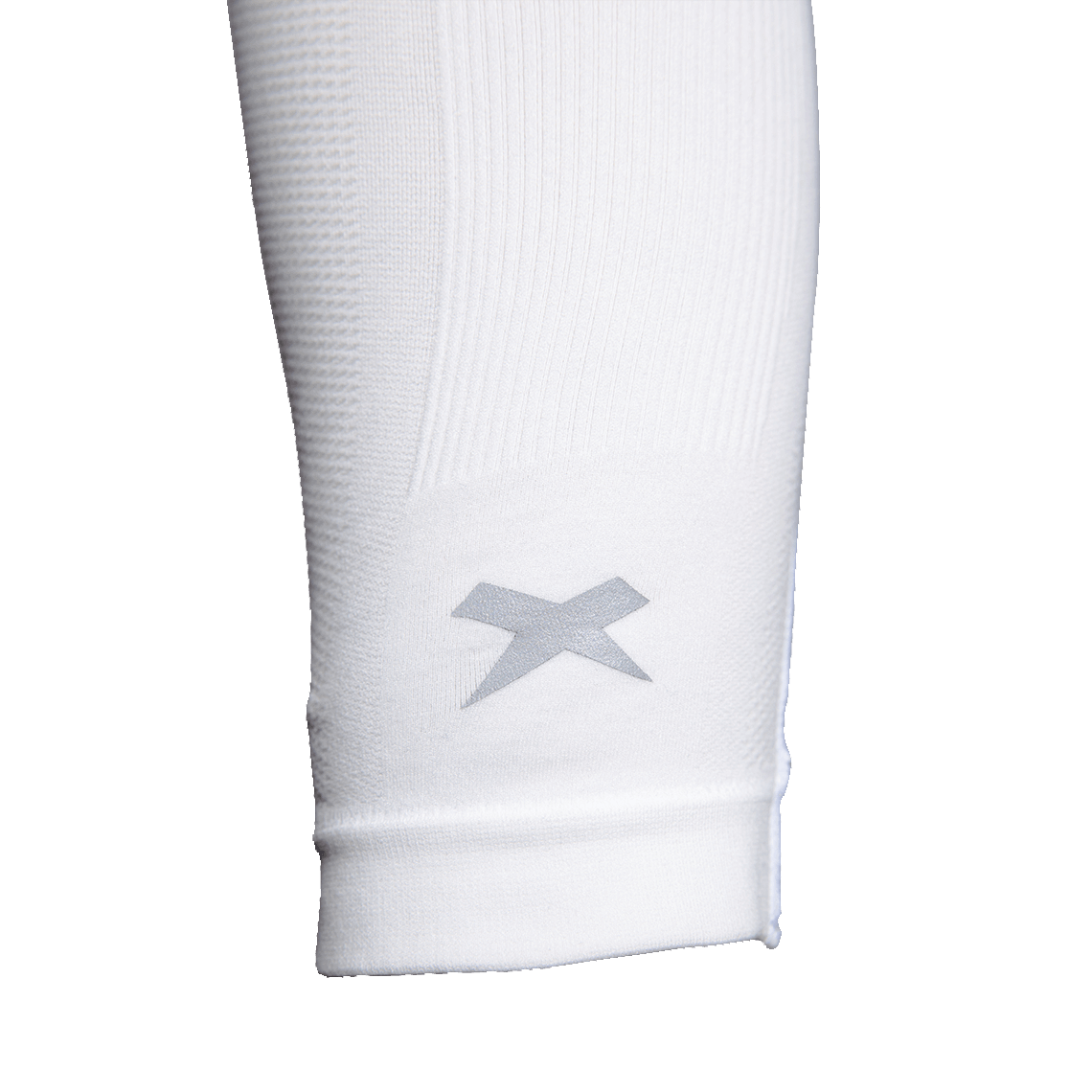 Color::white | Zoomed in Xenith logo detail on white Xenith compression sleeve.