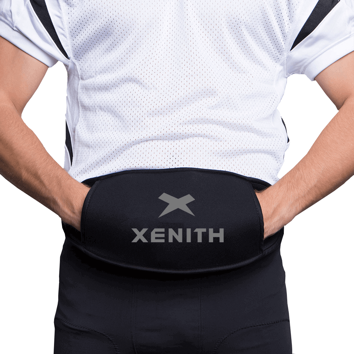 Color::black | Athlete wearing white jersey and black Xenith hand warmer.